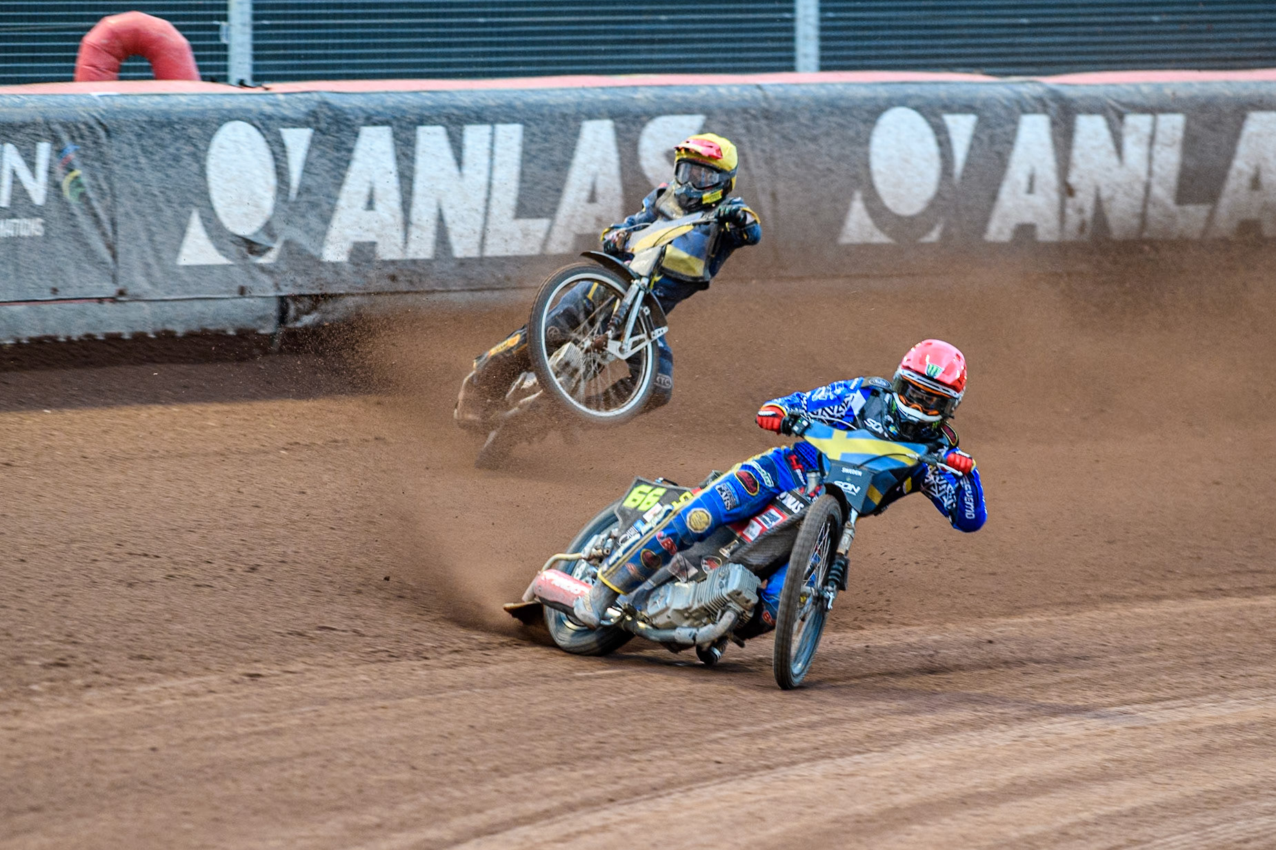 Marko Levishyn of Ukraine in Yellow crashes out of his final heat during the Monster Energy FIM Speedway of Nations Semi-Final 1 at the National Speedway Stadium, Manchester on Tuesday 9th July 2024. (Photo: Ian Charles | MI News)