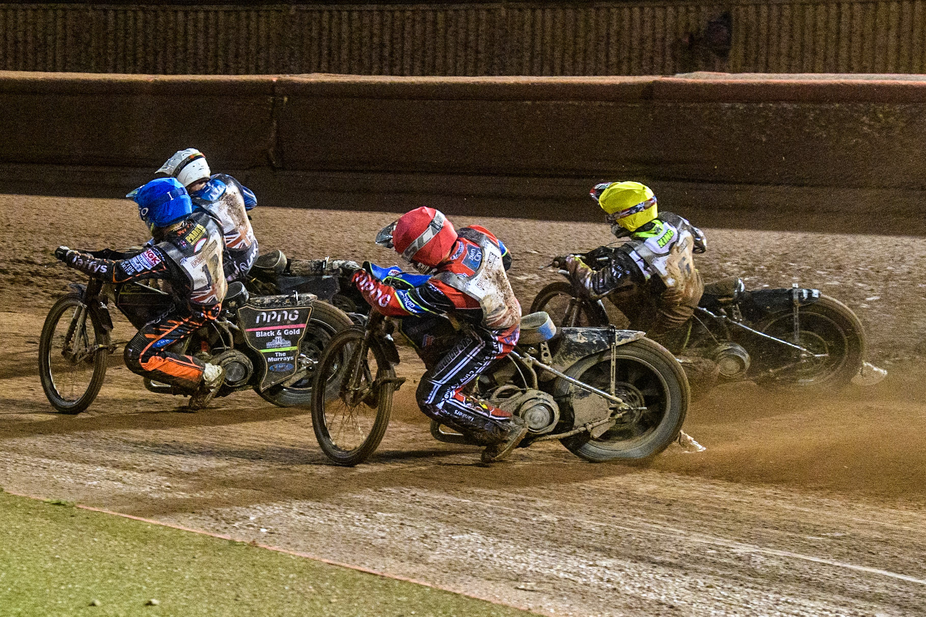 Danyon Hulme (Red) inside Danny King (Yellow) as they chase Leon Flint (Blue) and Richard Lawson (White) during the Sports Insure British Speedway Final at the National Speedway Stadium, Manchester on Monday 14th August 2023. (Photo: Ian Charles | MI News)