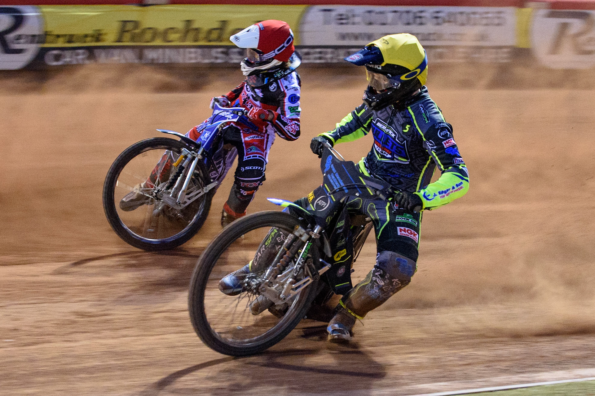 MANCHESTER, UK. MAY 28TH  Kyle Bickley   (Yellow) is passed by Harry McGurk (Red) during the SGB National Development League match between Belle Vue Colts and Berwick Bullets at the National Speedway Stadium, Manchester on Friday 28th May 2021. (Credit: Ian Charles | MI News)