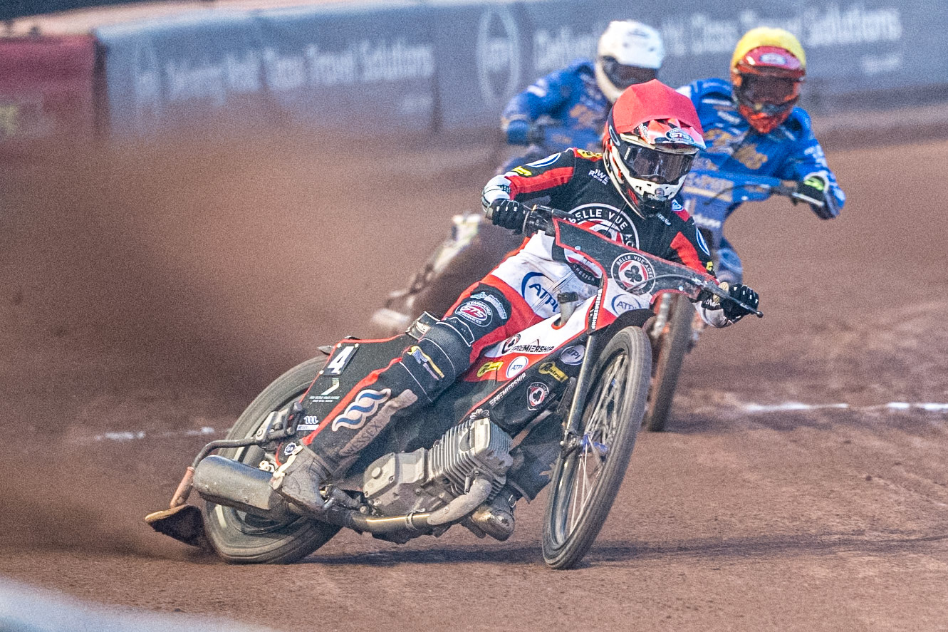 Zach Cook of Belle Vue Aces in Red leading Jordan Jenkins of Kings Lynn Stars in Yellow  and Chris Harris of Kings Lynn Stars in White during the Rowe Motor Oil Premiership match between Belle Vue Aces and King's Lynn Stars at the National Speedway Stadium, Manchester on Monday 10th August 2026. (Photo: Ian Charles | MI News)