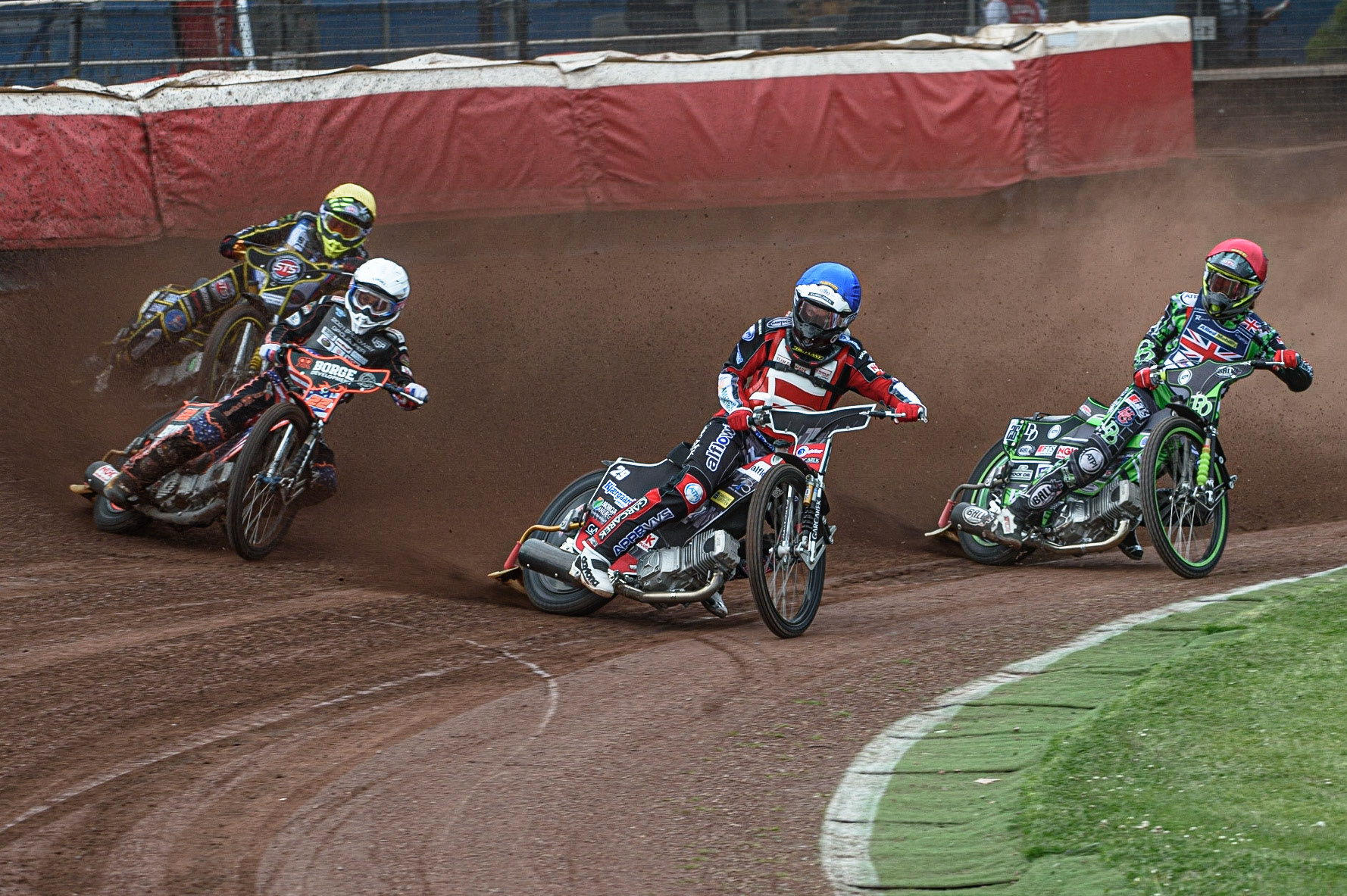 GLASGOW, UK. JUNE 19TH.  Nicolai Klindt (Denmark) leads Luke Becker (USA) (White), Charles Wright (Great Britain) (Red)’ and Tero Aarnio (Finland) (Yellow) during the FIM Speedway Grand Prix Qualifying Round at the Peugeot Ashfield Stadium, Glasgow on Saturday 19th June 2021. (Credit: Ian Charles | MI News)