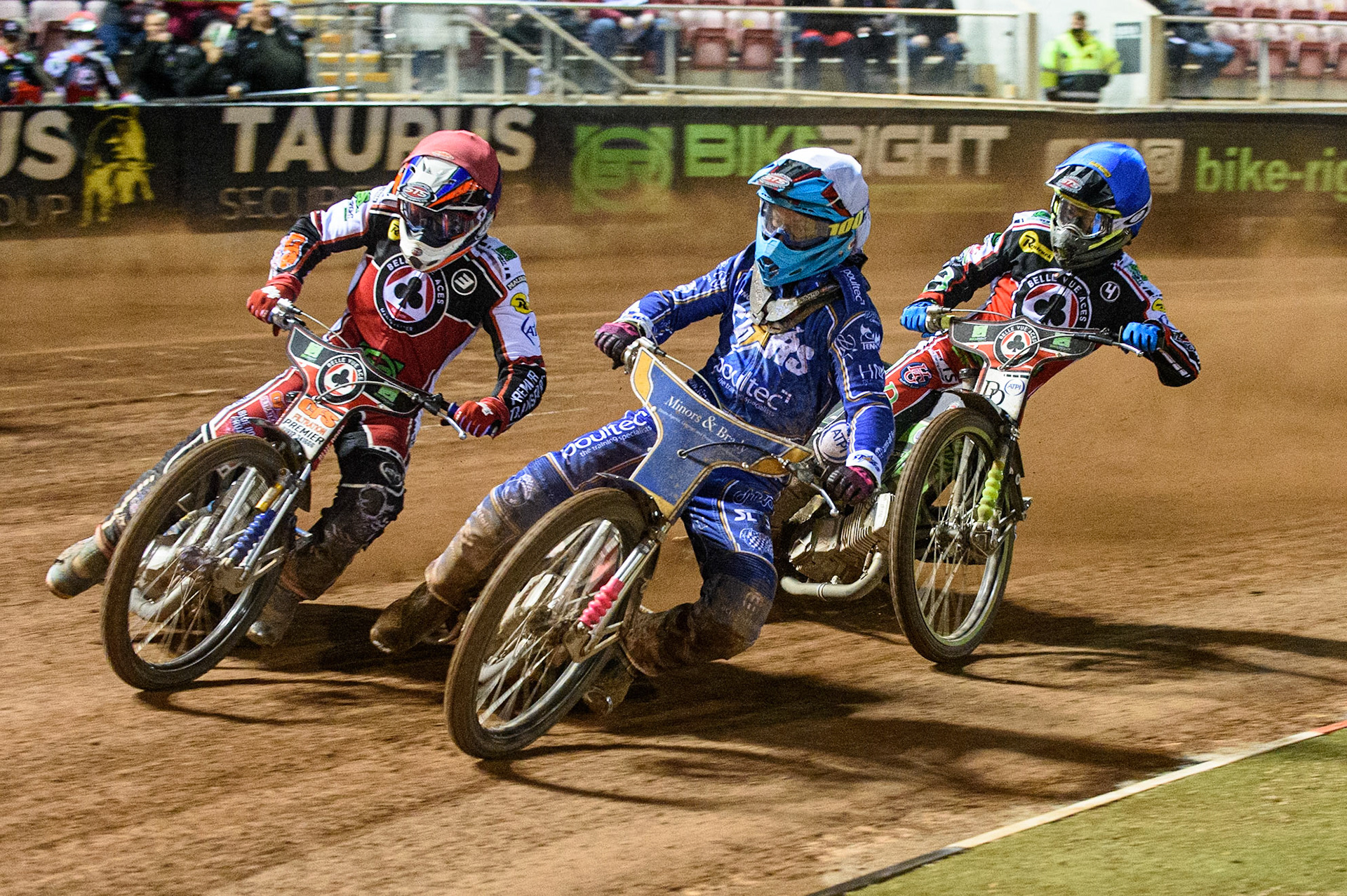 MANCHESTER, UK. SEPT 13TH  Thomas Jorgensen   (White) inside Steve Worrall (Red) with Charles Wright  (Blue) behind during the SGB Premiership match between Belle Vue Aces and King's Lynn Stars at the National Speedway Stadium, Manchester on Monday 13th September 2021. (Credit: Ian Charles | MI News)