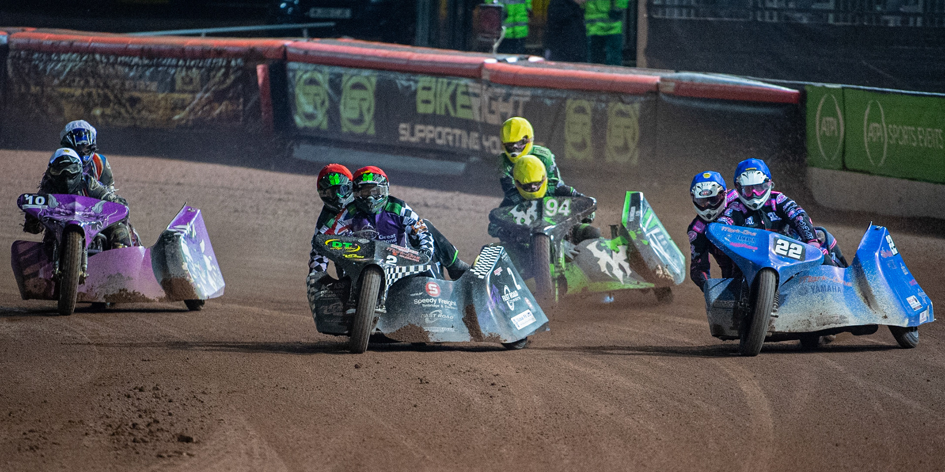 MANCHESTER, ENGLAND (l-r) Clint Blondel & Richard Webb(10), Nevill Penfold & Kev Jones(2), Billy Winterburn & Ryan Wharton(94) and Will Penfold & Ricky Pay(22) during the  ACU Sidecar Speedway Manchester Masters,  Belle Vue National Speedway Stadium, Manchester Saturday 12 October 2019 (Credit: Ian Charles | MI News)