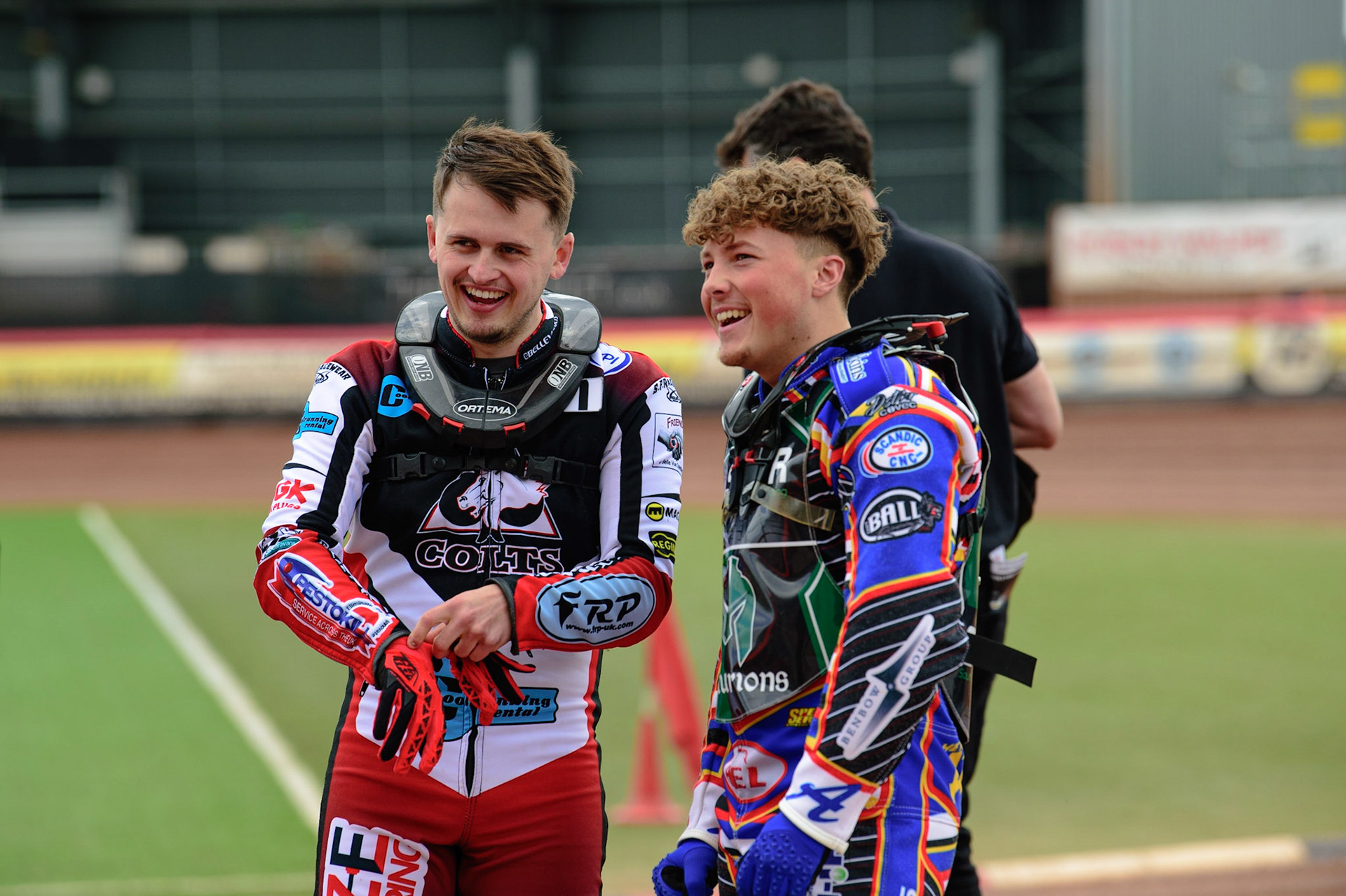 MANCHESTER, UK. APR 15TH   Jack Smith  (left) and Henry Atkins  share a joke during the National Development League match between Belle Vue Colts and Plymouth Centurions at the National Speedway Stadium, Manchester on Friday 15th April 2022. (Credit: Ian Charles | MI News)