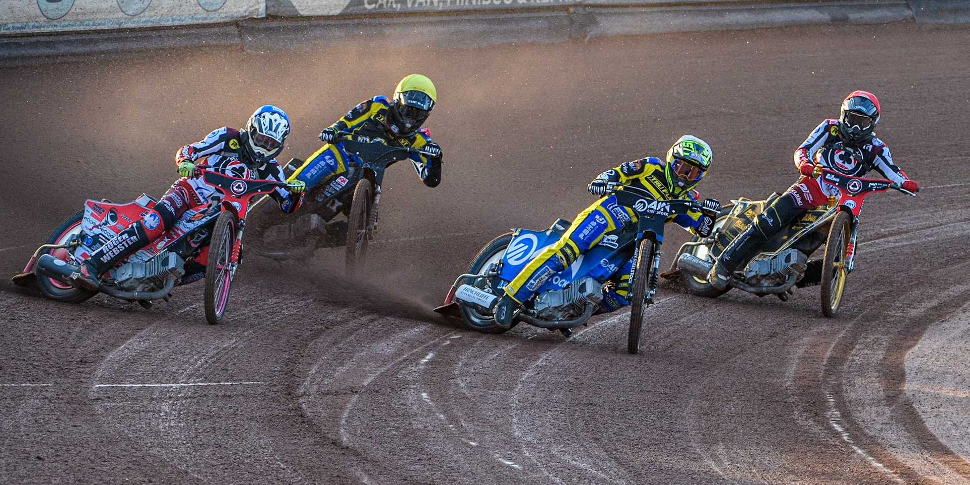 (l - r) Connor Bailey (Blue), Dan Gilkes (Yellow), Lewis Kerr  (White) and Norick Blodorn (Red) during the Sports Insure Premiership match between Belle Vue Aces and Sheffield Tigers at the National Speedway Stadium, Manchester on Monday 7th August 2023. (Photo: Ian Charles | MI News)