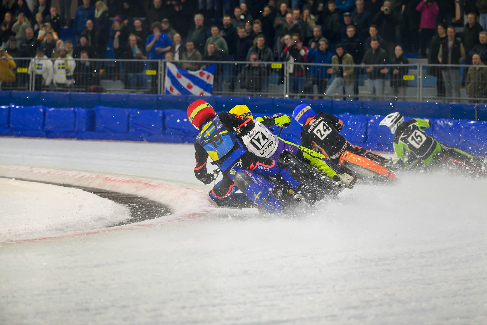 Melwin Björklin of Sweden  in Red chases Paul Cooper of Great Britain in Yellow, Sebastian Reitsma of The Netherlands  in Blue and Arttu Lehtinen of Finland  in Whiteduring the ROELOF THIJS BOKAAL at Ice Rink Thialf, Heerenveen on Friday 10th April 2026.  (Photo: Ian Charles | MI News)