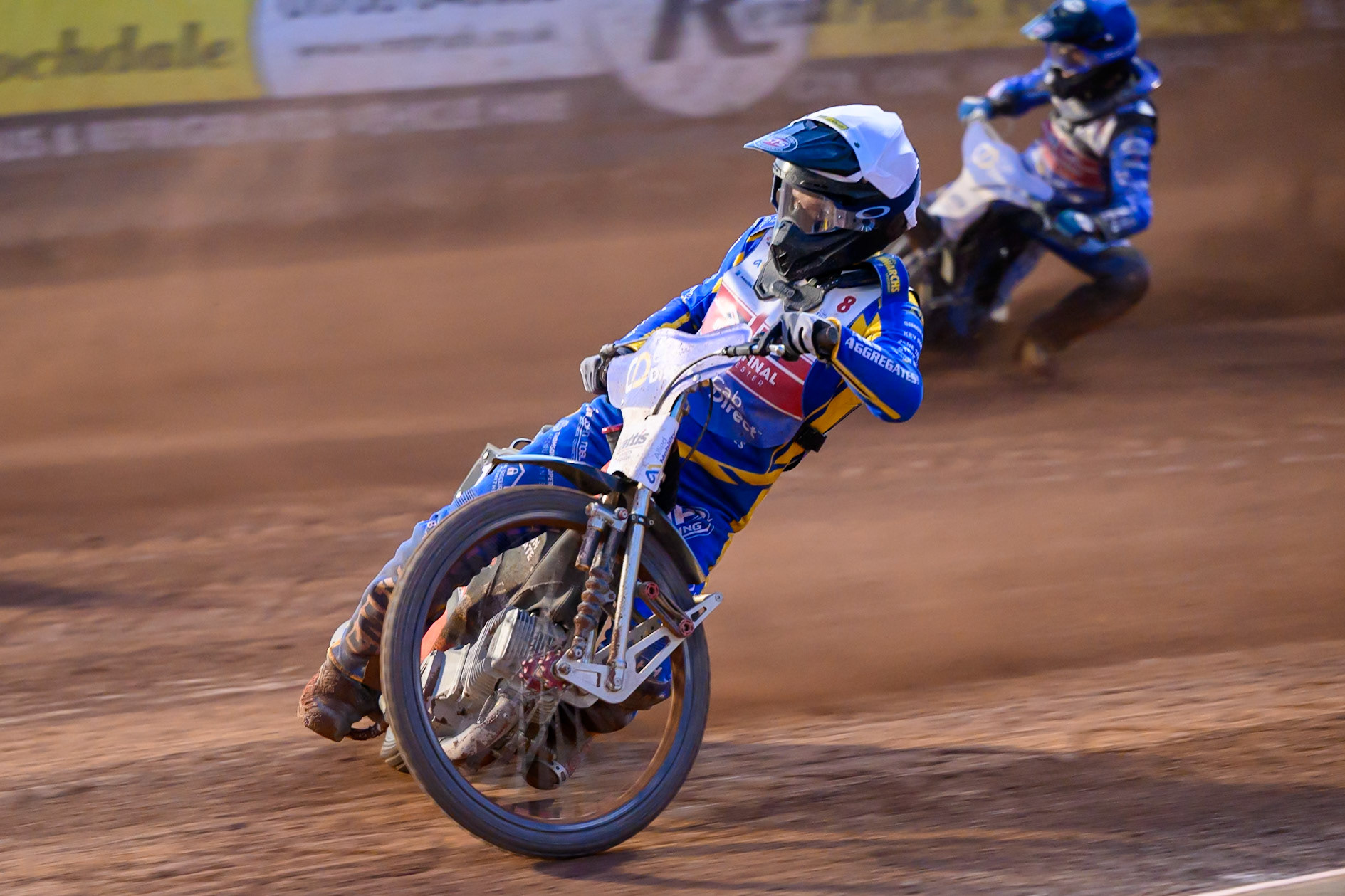 Dan Thompson (8) in White leading Jody Scott (13) in Blue during the Cab Direct British Speedway Championship Final at the National Speedway Stadium, Manchester on Saturday 15th August 2026. (Photo: Ian Charles | MI News)