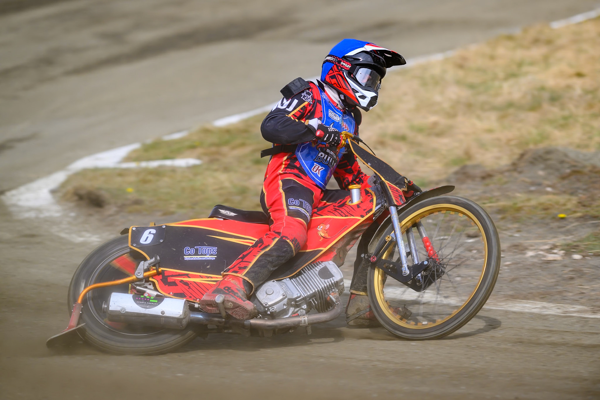 Luke Harris of Buxton Bulls   in action during the Challenge match between Buxton Bulls and Leicester Lion Cubs at Hi-Edge Speedway, Buxton on Sunday 26th April 2026. (Photo: Ian Charles | MI News)