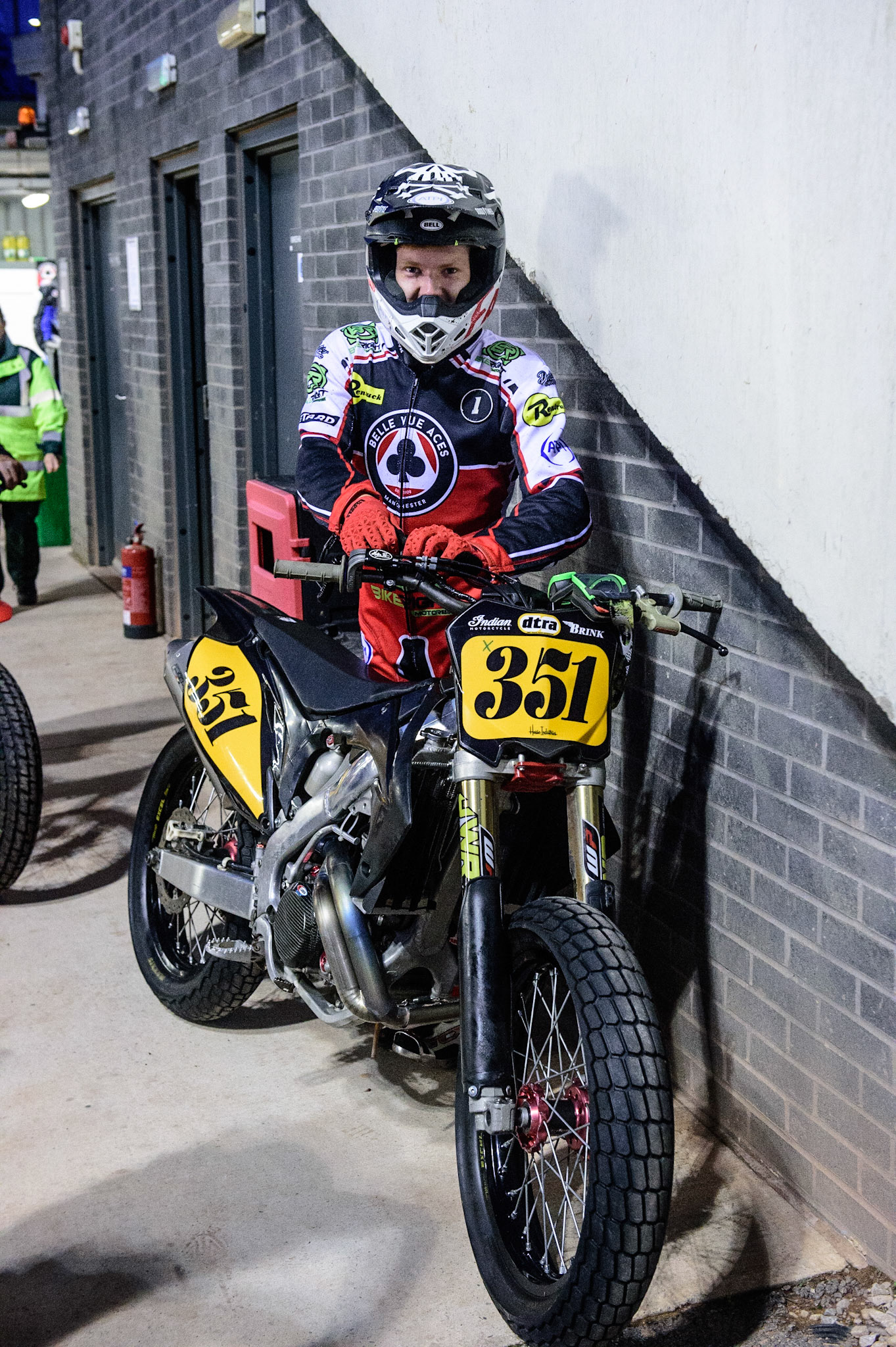 MANCHESTER, UK. OCT 30TH   Dan Bewley (351) waits to practice during the Manchester Masters Sidecar Speedway and Flat Track Racing at the National Speedway Stadium, Manchester on Saturday 30th October 2021. (Credit: Ian Charles | MI News)