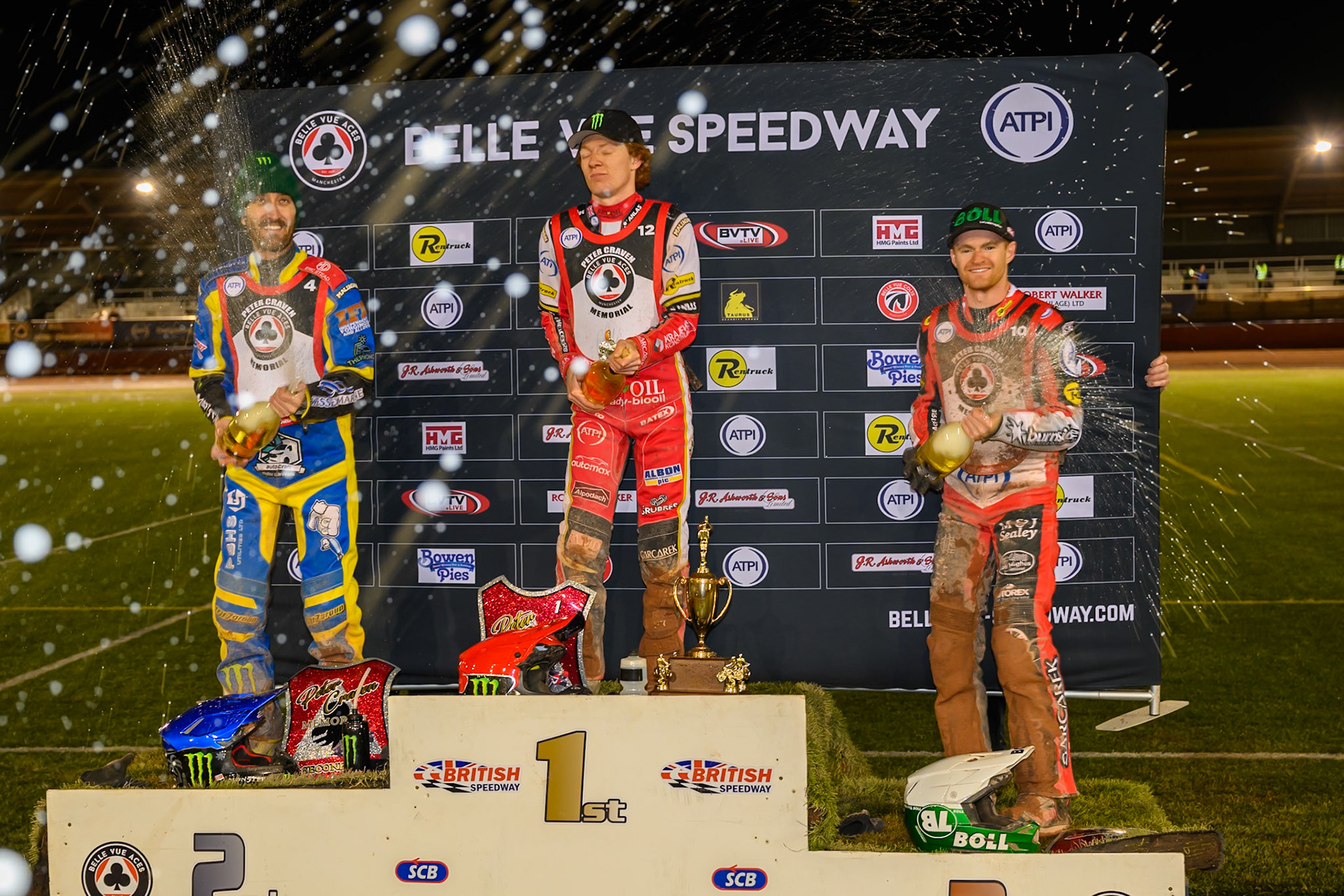 Champagne capers on the rostrum during the Peter Craven Memorial Trophy at the National Speedway Stadium, Manchester, on Monday 16th March 2026. (Photo: Ian Charles | MI News)