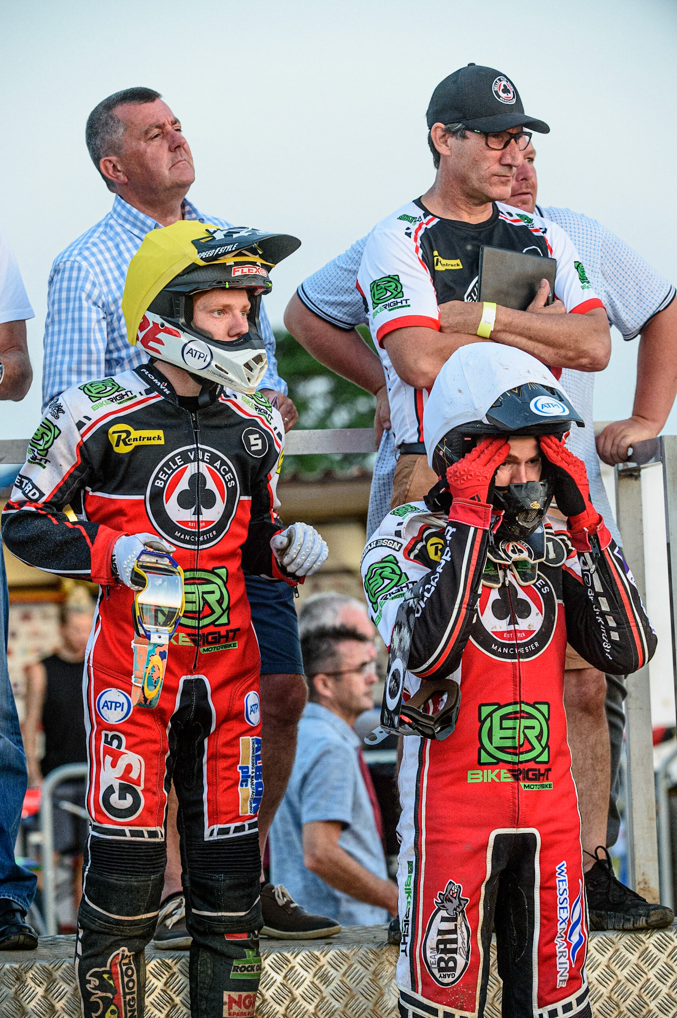 PETERBOROUGH, UK. JULY 19TH (rear) Belle Vue BikeRight Aces  CEO Adrian Smith (left) and Team Manager Mark Lemon watch on with (front) Dan Bewley  (left) and Brady Kurtz  during the SGB Premiership match between Peterborough and Belle Vue Aces at East of England Showground, Peterborough on Monday 19th July 2021. (Credit: Ian Charles | MI News)