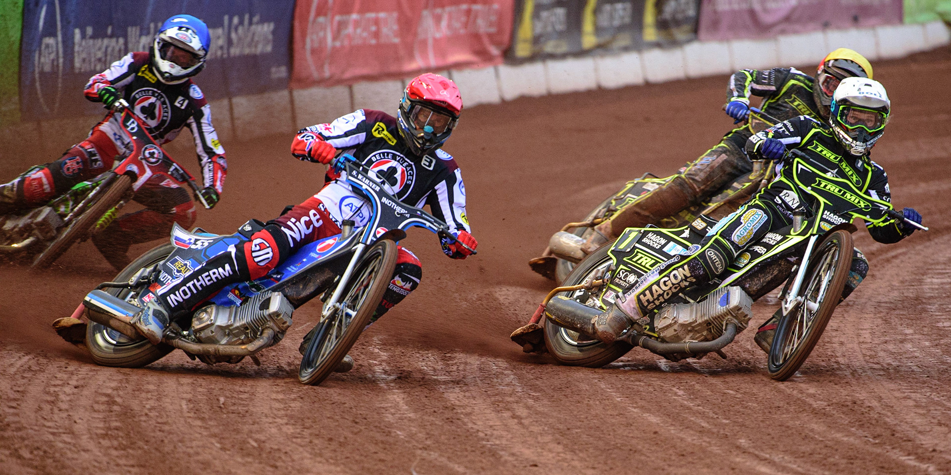 MANCHESTER, UK. JUN 6TH  Jason Doyle  (White) inside’ Matej Žagar  (Red) with Charles Wright  (Blue) and Danyon Hume  (Yellow) behind during the SGB Premiership match between Belle Vue Aces and Ipswich Witches at the National Speedway Stadium, Manchester on Monday 6th June 2022. (Credit: Ian Charles | MI News)