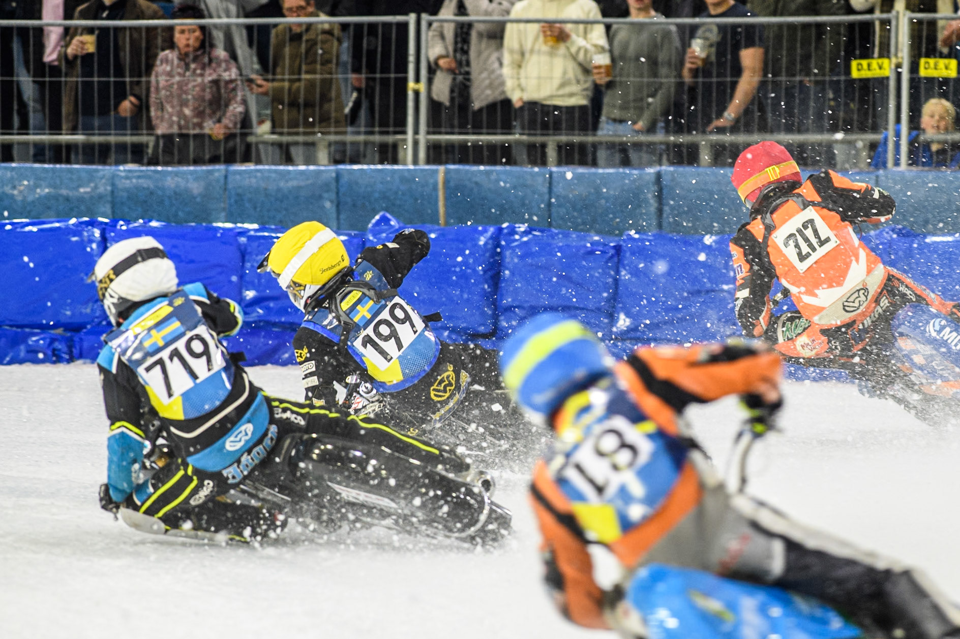 Martin Haarahiltunen (199) of Sweden loses control of his bike during the FIM Ice Speedway Gladiators World Championship, Final 3 at the Ice Stadium, Thialf, Heerenveen on Saturday 5th April 2025. (Photo: Ian Charles | MI News)