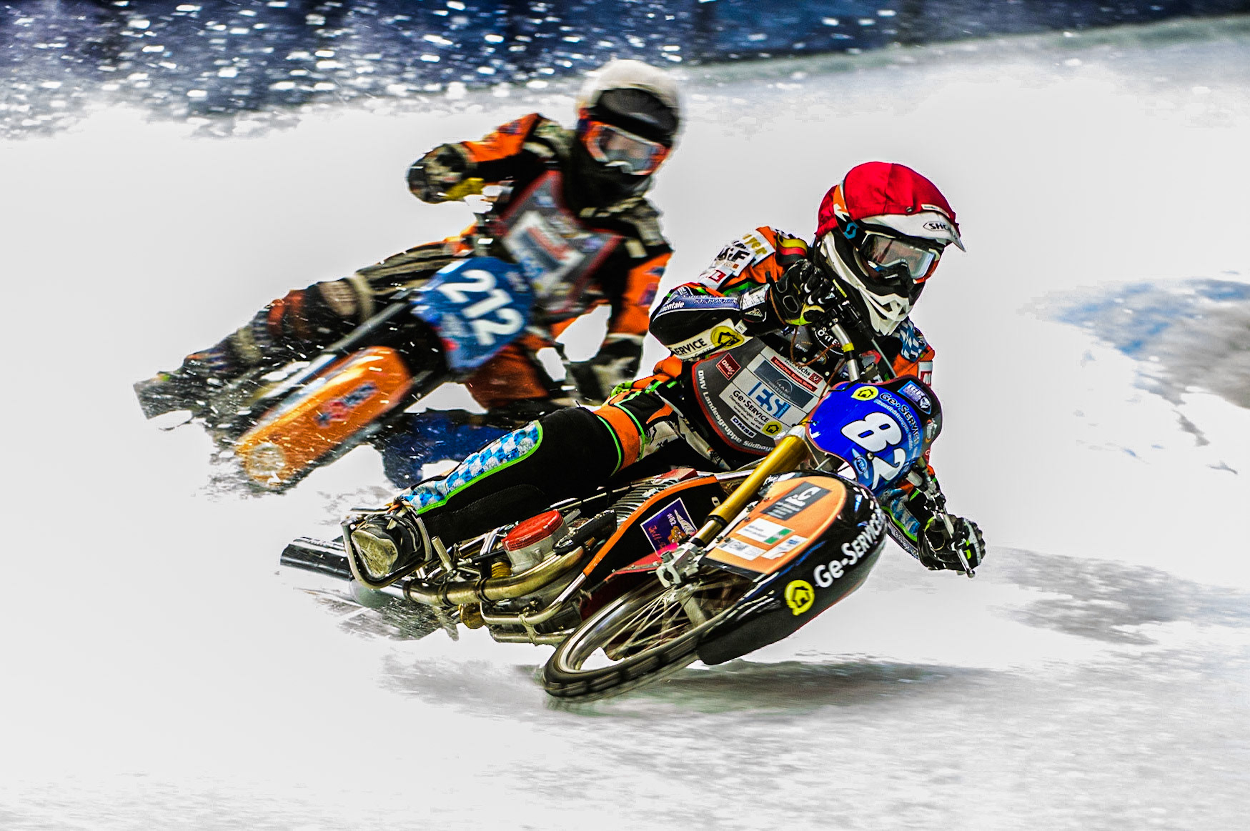Markus Jell (82) (Red) leads Lukas Hutla (212) (White) during the Ice Speedway Gladiators World Championship Final 1 at Max-Aicher-Arena, Inzell, Germany on Saturday 18th March 2023. (Photo: Ian Charles | MI News)