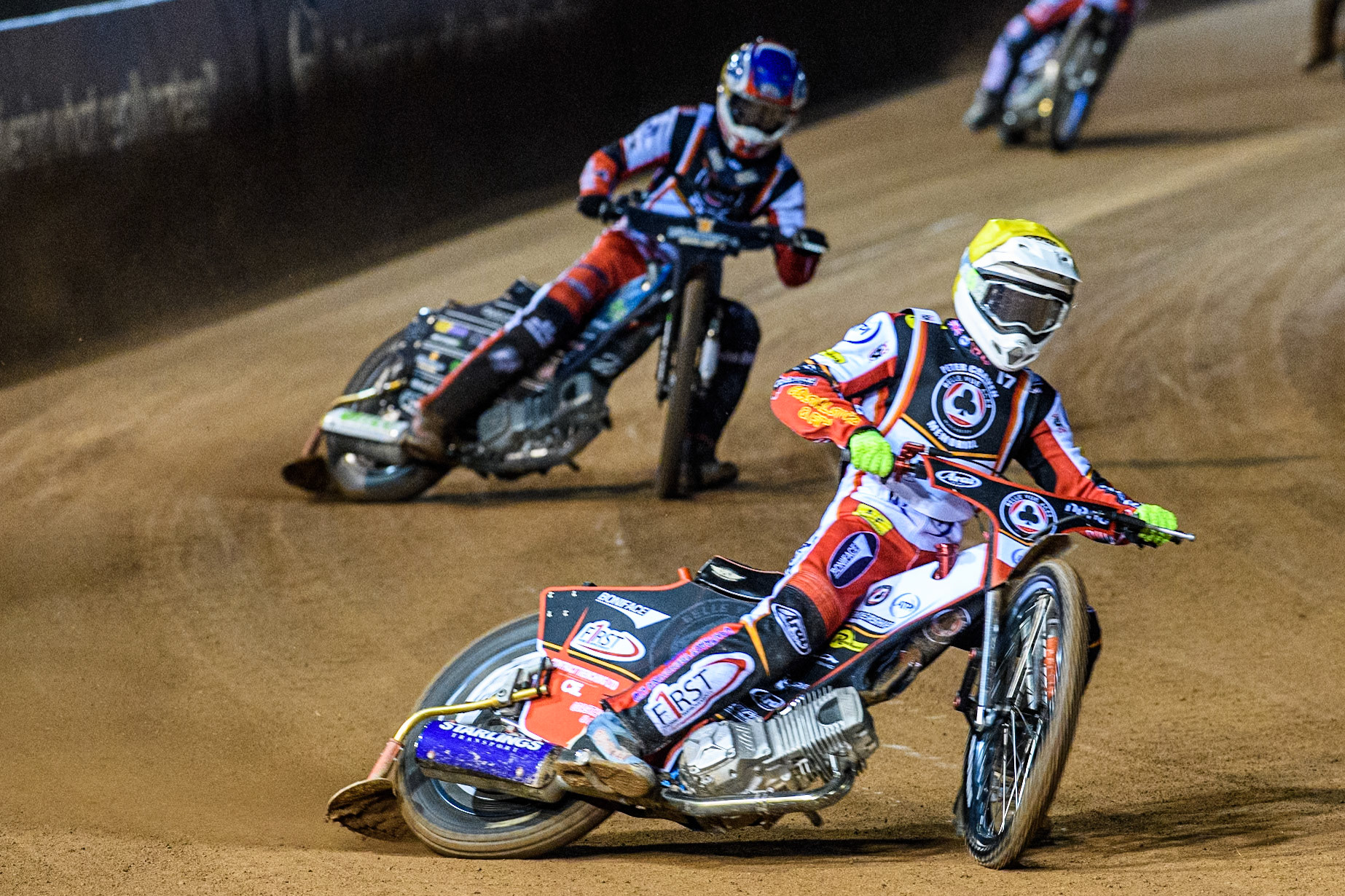 Reserves Race: Reserve Jake Mulford in Yellow leading Reserve Freddy Hodder in Red during the Peter Craven Memorial Trophy at the National Speedway Stadium, Manchester on Monday 17th March 2025. (Photo: Ian Charles | MI News)