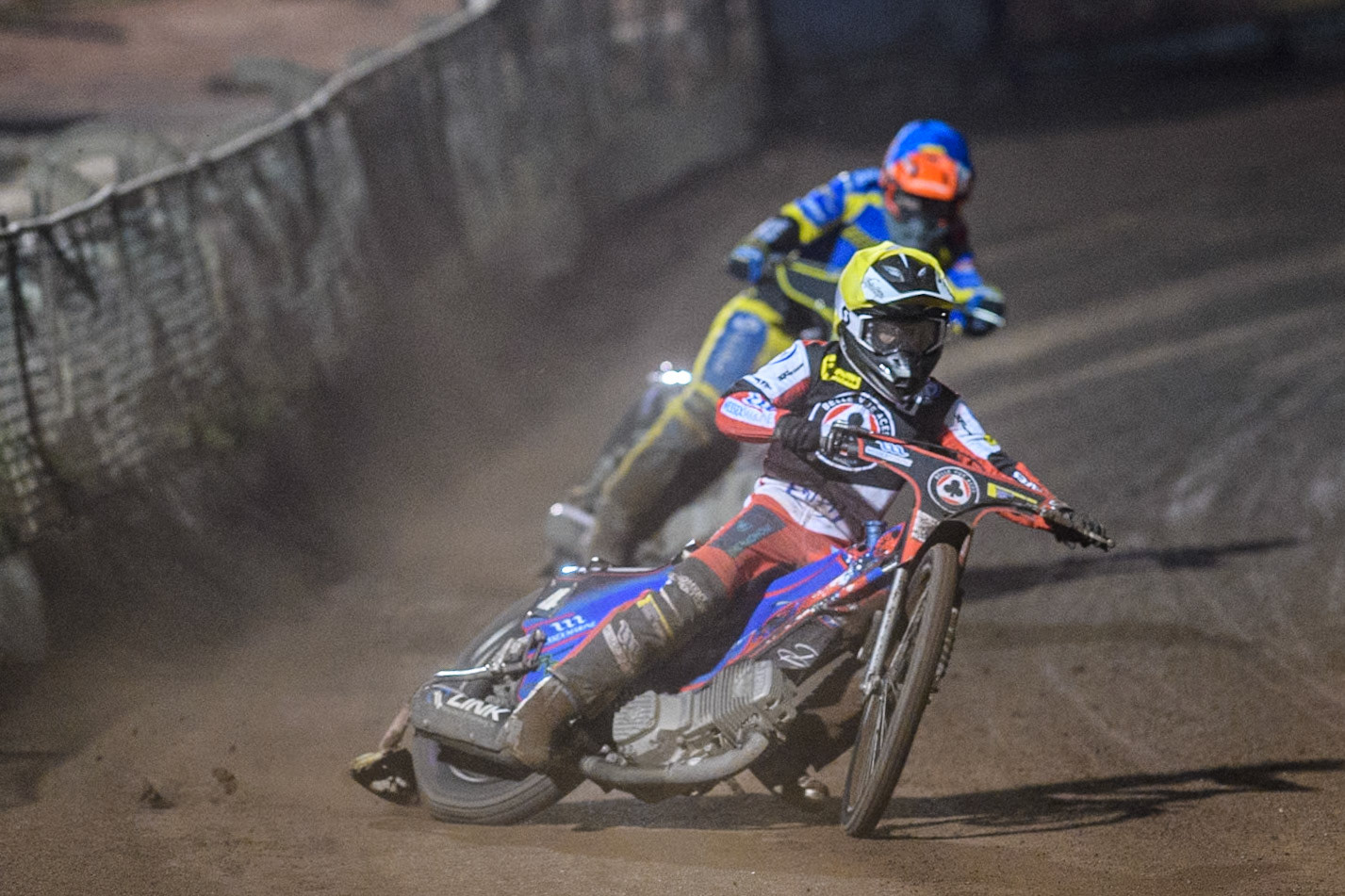 Belle Vue Aces' Ben Cook  in Yellow leading Sheffield Tigers' Jason Edwards  in Blue during the Rowe Motor Oil Premiership Play Off Semi Final 2nd leg between Sheffield Tigers and Belle Vue Aces at Owlerton Stadium, Sheffield on Thursday 19th September 2024. (Photo: Ian Charles | MI News)