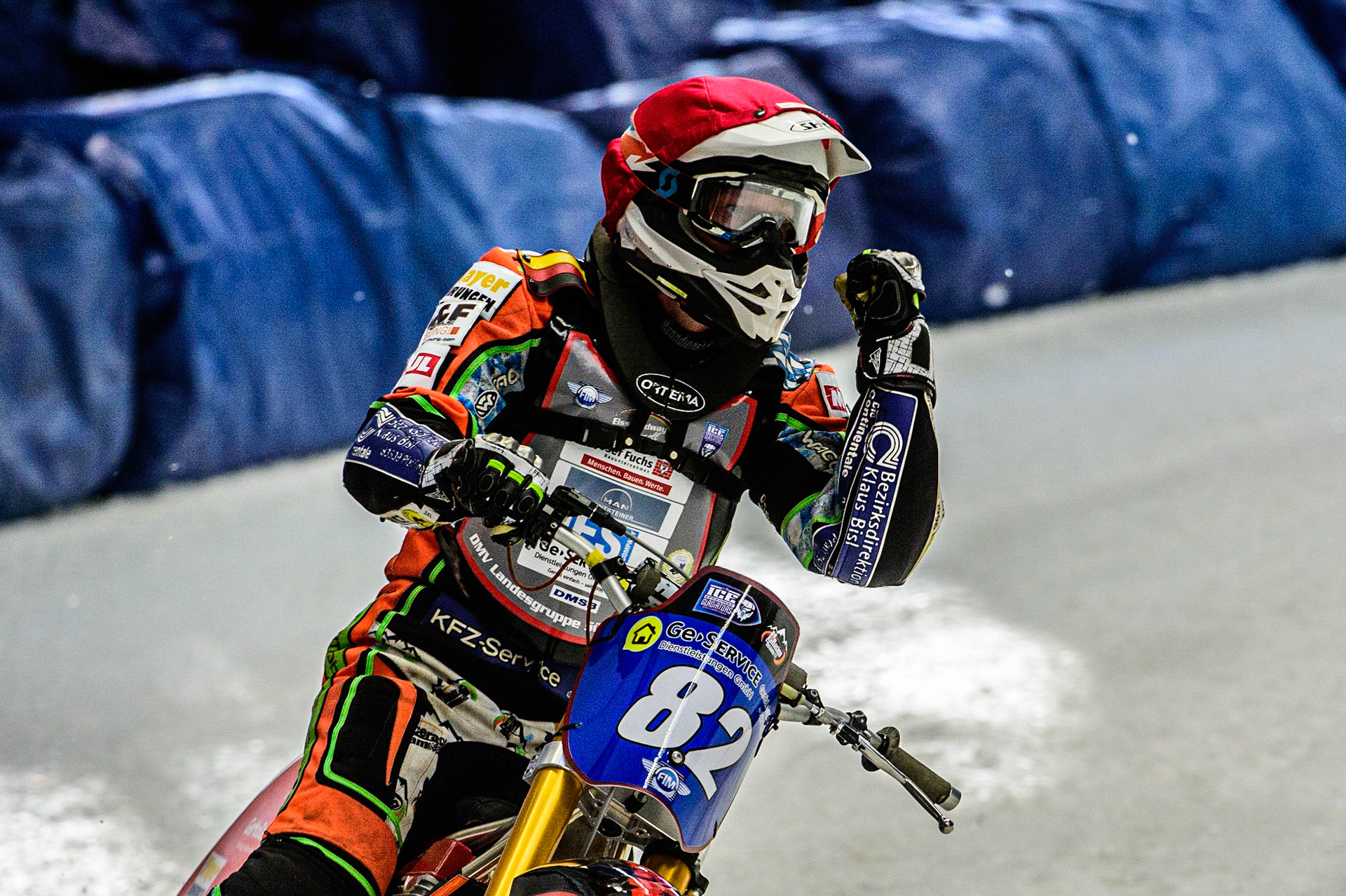 Markus Jell (82) Celebrates his heat win during the Ice Speedway Gladiators World Championship Final 1 at Max-Aicher-Arena, Inzell, Germany on Saturday 18th March 2023. (Photo: Ian Charles | MI News)