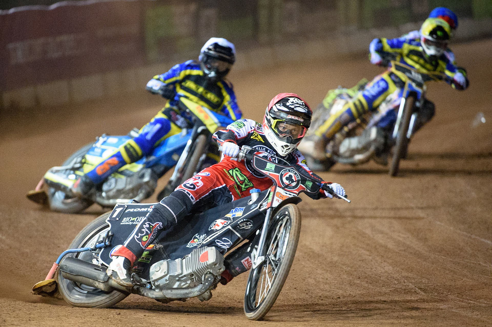 MANCHESTER, UK. SEPT 6TH  Dan Bewley  (Red) leads Jack Holder   (Yellow), Adam Ellis  (White) and Jye Etheridge  (Blue) during the SGB Premiership match between Belle Vue Aces and Sheffield Tigers at the National Speedway Stadium, Manchester on Monday 6th September 2021. (Credit: Ian Charles | MI News)