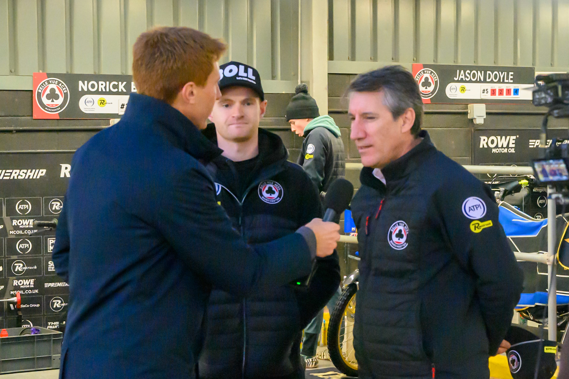 Mark Lemon, Team Manager of Belle Vue Aces (Centre) is interviewed by David Chisnall from ITV Granada live on air during the Rowe Motor Oil Premiership Grand Final 2nd Leg between Belle Vue Aces and Sheffield Tigers at the National Speedway Stadium, Manchester on Friday 16th October 2026. (Photo: Ian Charles | MI News)