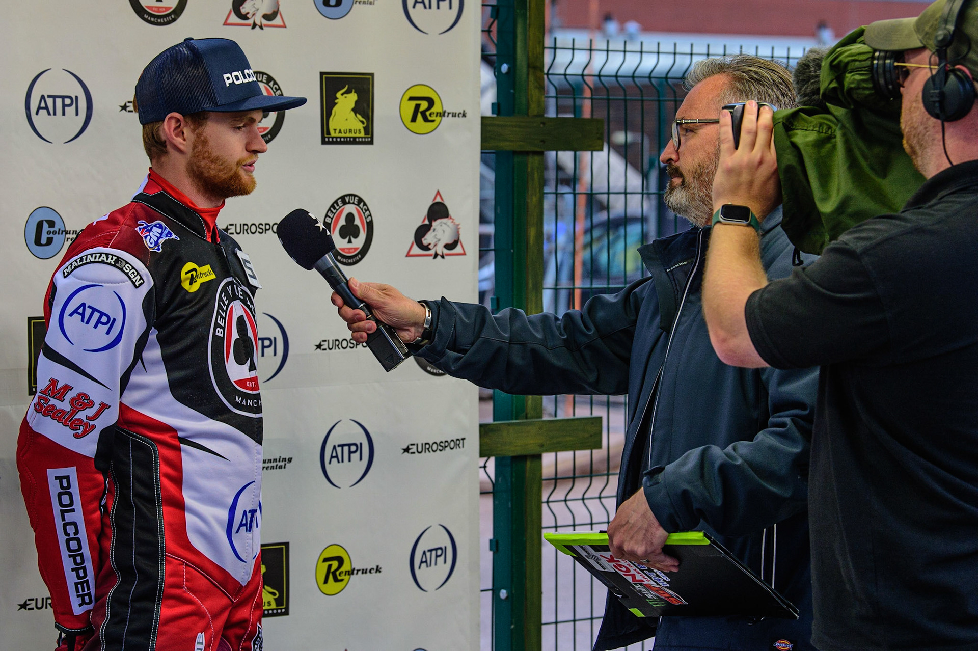 MANCHESTER, UK. JUN 6TH  Brady Kurtz  is interviewed by Eurosport  during the SGB Premiership match between Belle Vue Aces and Ipswich Witches at the National Speedway Stadium, Manchester on Monday 6th June 2022. (Credit: Ian Charles | MI News)