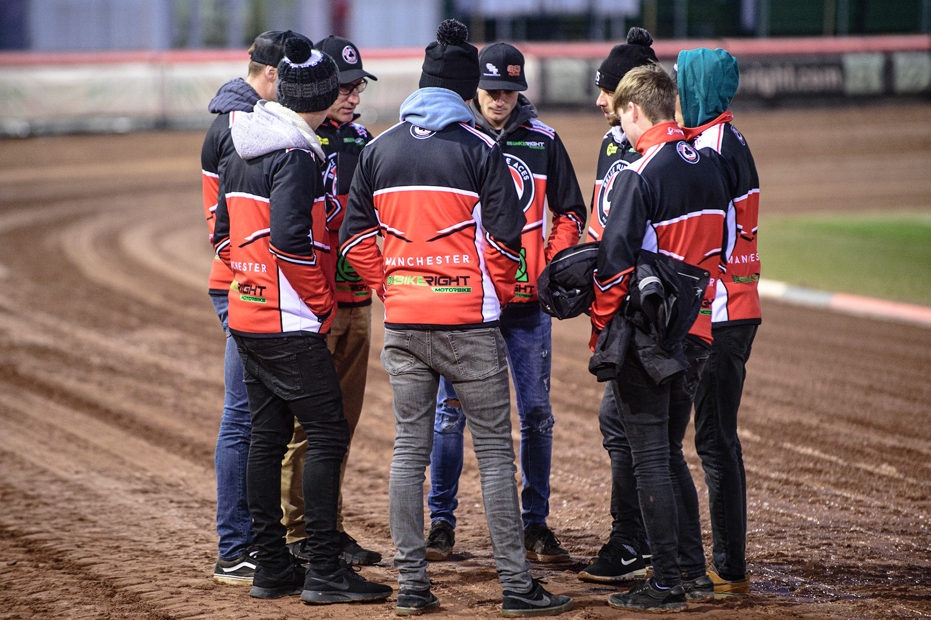 MANCHESTER, UK. OCT 11TH  Belle Vue BikeRight Aces  team meeting during the SGB Premiership Grand Final 1st Leg between Belle Vue Aces and Peterborough Panthers at the National Speedway Stadium, Manchester on Monday 11th October 2021. (Credit: Ian Charles | MI News)
