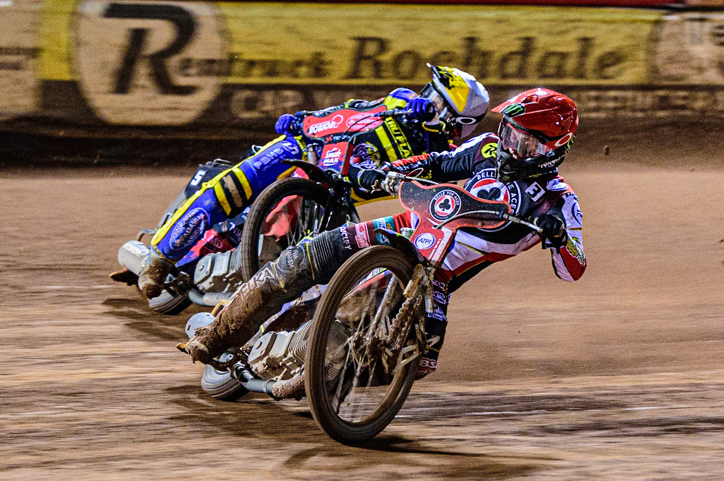 Jaimon Lidsey  (Red) passes Tobiasz Musielak  (White) during the SGB Premiership match between Belle Vue Aces and Sheffield Tigers at the National Speedway Stadium, Manchester on Monday 27th March 2023. (Photo: Ian Charles | MI News)