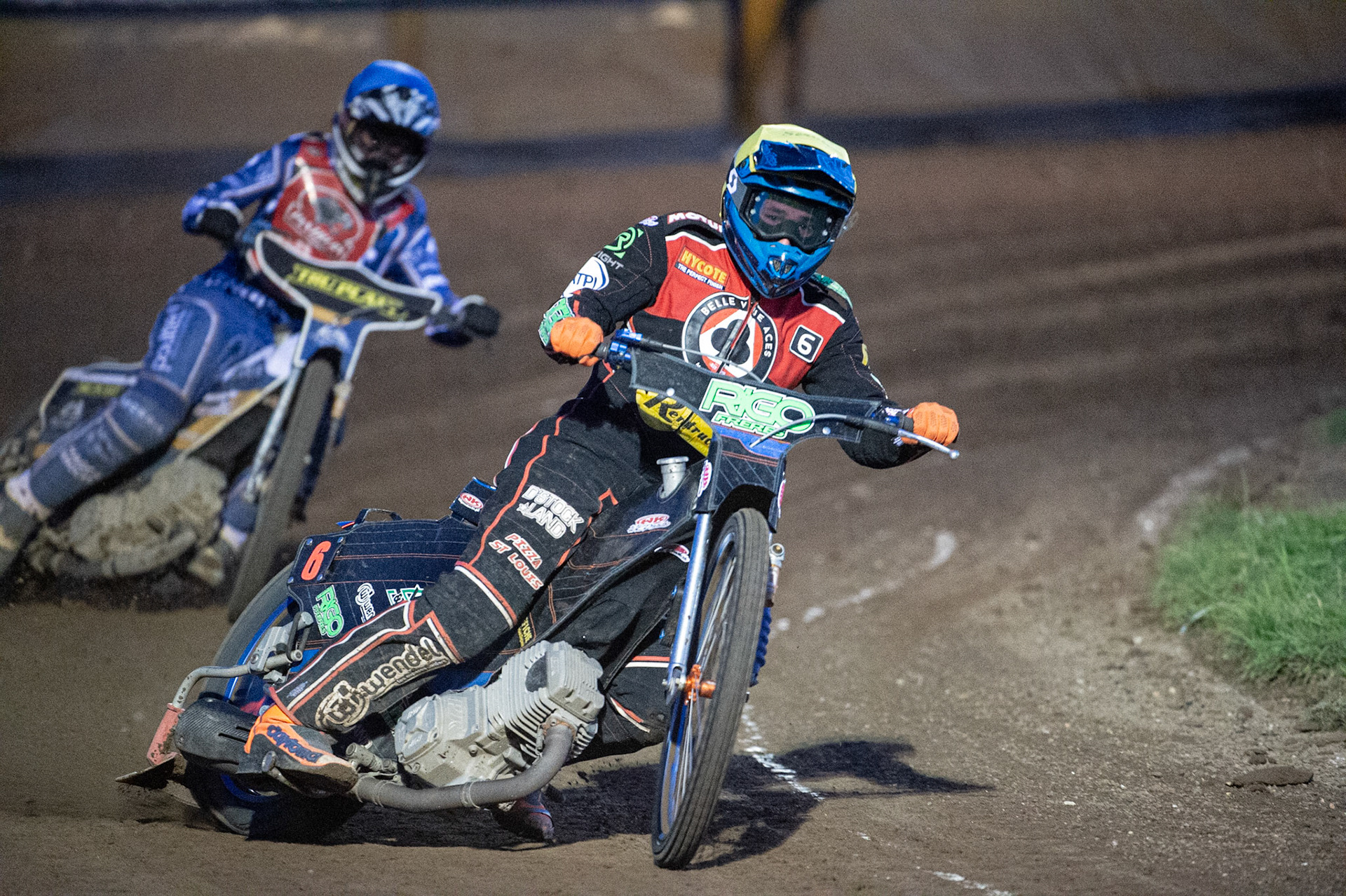 Photo by Ian Charles:

Belle Vue Aces Dimitri Bergé  (White) leads Peterborough Panthers Ty Proctor (Blue)

Peterborough Panthers v Belle Vue Aces, British Speedway Premiership, Thursday, 5, September, 2019