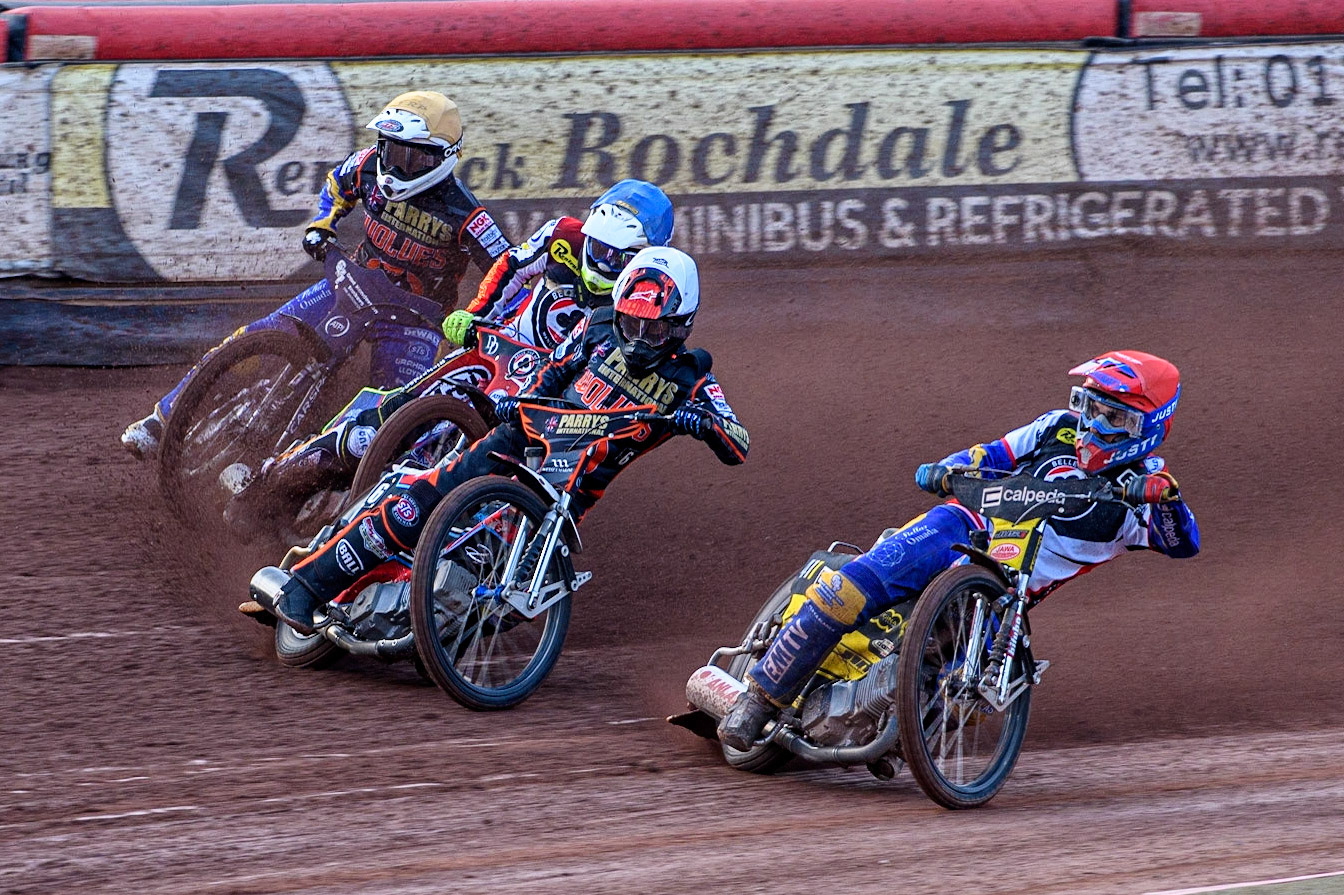 Paco Castagna (Red) inside Zach Cook (White), Jake Mulford (Blue) and Kyle Bickley (Yellow) during the Sports Insure Premiership Knock Out Cup Quarter Final 2nd Leg between Belle Vue Aces and Wolverhampton Wolves at the National Speedway Stadium, Manchester on Thursday 18th May 2023. (Photo: Ian Charles | MI News)