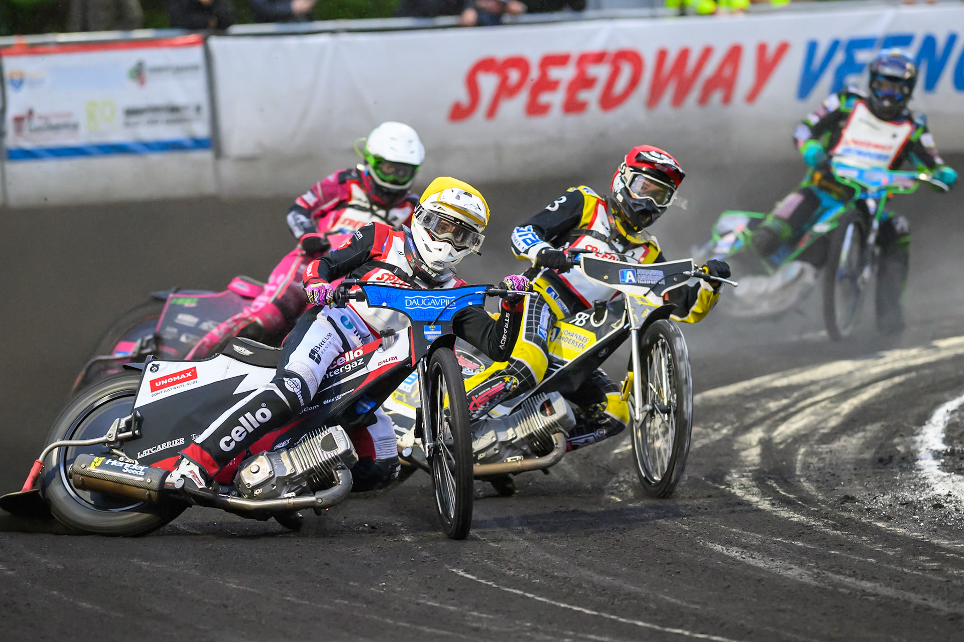 Cristian Zubillaga of Argentina in Yellow leading Mika Meijer of The Netherlands in Red , Hannah Grunwald of Germany in White  and Jeffrey Sijbesma of The Netherlands in Blue during the Gouden KENNY Helm at Speedway Veenoord, Veenoord in the Netherlands on Saturday 19th September 2026. (Photo: Ian Charles | MI News)
