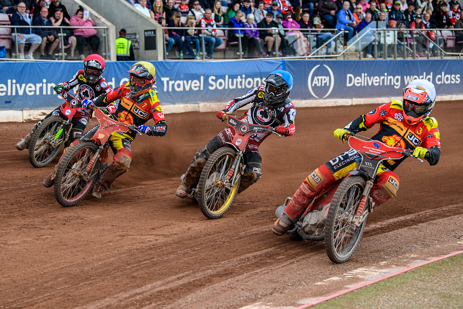 Richie Worrall (White) inside Norick Blodorn (Blue) Drew Kemp (Yellow) and Charles Wright (Red) during the Sports Insure Premiership match between Belle Vue Aces and Leicester Lions at the National Speedway Stadium, Manchester on Monday 28th August 2023. (Photo: Ian Charles | MI News)