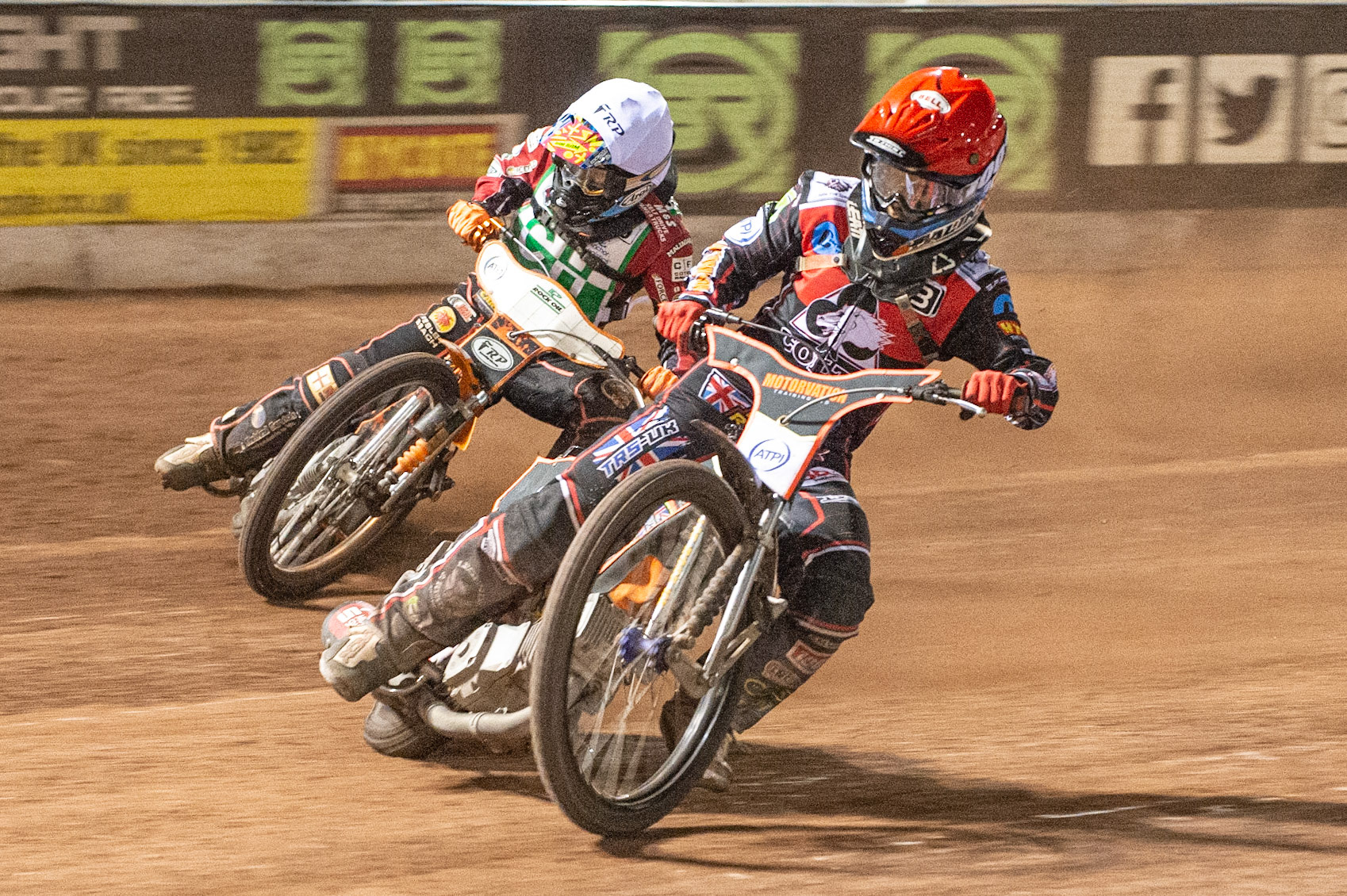 Photo: Ian Charles

Jordan Palin  (Red) leads Jack Smith  (White)

Belle Vue Colts v Cradley Heathens, SGB National League, Belle Vue National Speedway Stadium, Manchester, Thursday 29  August  2019