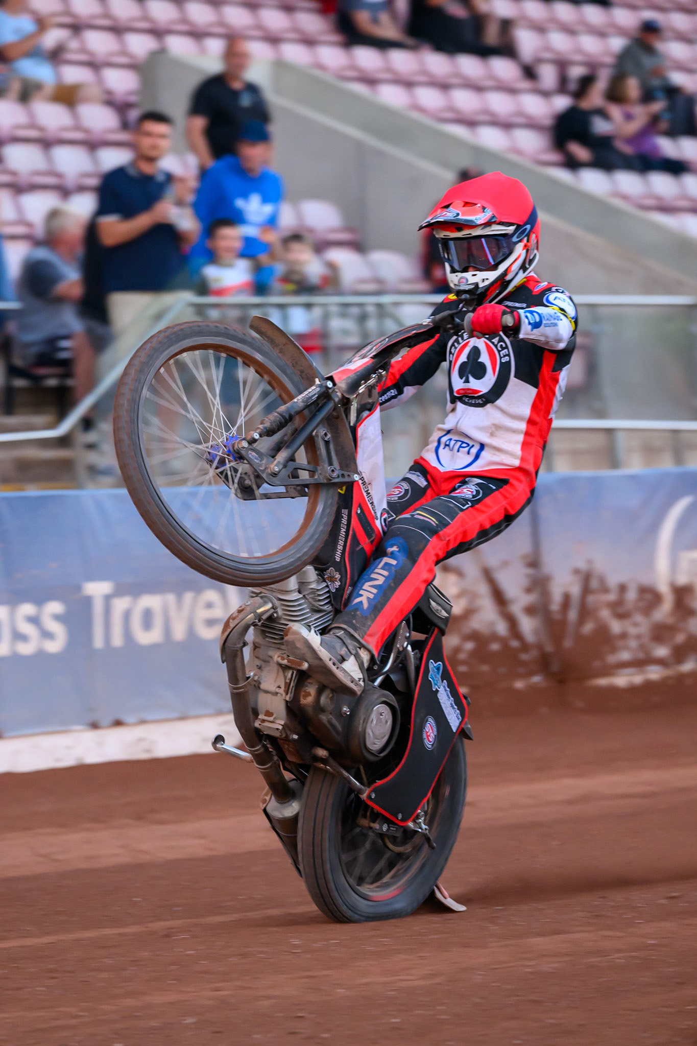 Zach Cook of Belle Vue Aces  does a wheelie during the Rowe Motor Oil Premiership match between Belle Vue Aces and Northampton Foxes at the National Speedway Stadium, Manchester on Monday 13th July 2026. (Photo: Ian Charles | MI News)