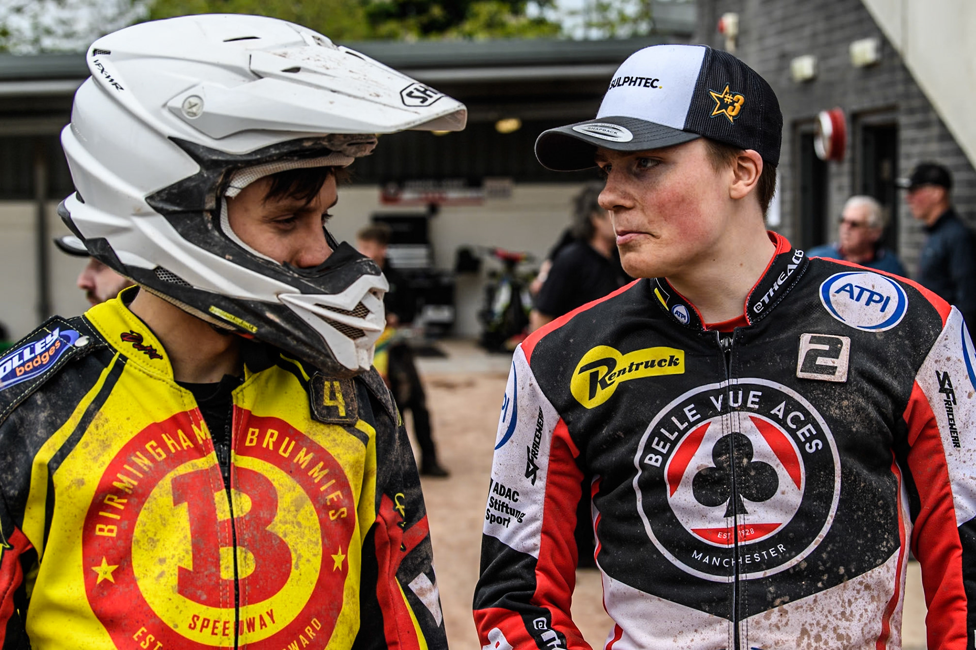 Birmingham Brummies' Wiktor Lampart  (Left) chats with Belle Vue Aces' Norick Blödorn  during the Rowe Motor Oil Premiership match between Belle Vue Aces and Birmingham Brummies at the National Speedway Stadium, Manchester on Monday 6th May 2024. (Photo: Ian Charles | MI News)