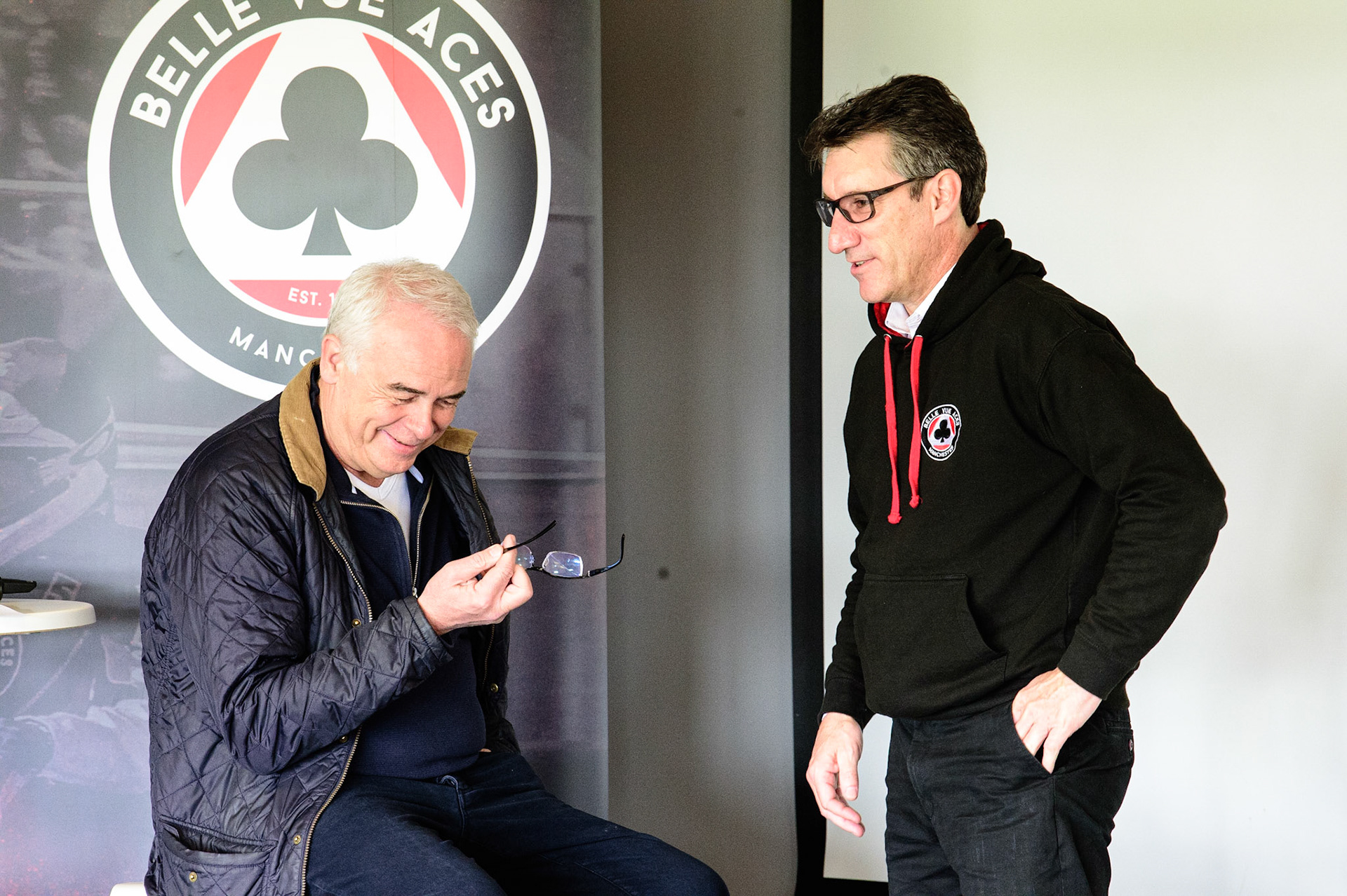 MANCHESTER, UK. MAR 14TH Belle Vue Co-Owner  Robin Southwell (left) with Belle Vue CEO Mark Lemon during the Belle Vue Speedway Media Day at the National Speedway Stadium, Manchester on Monday 14th March 2022. (Credit: Ian Charles | MI News)
