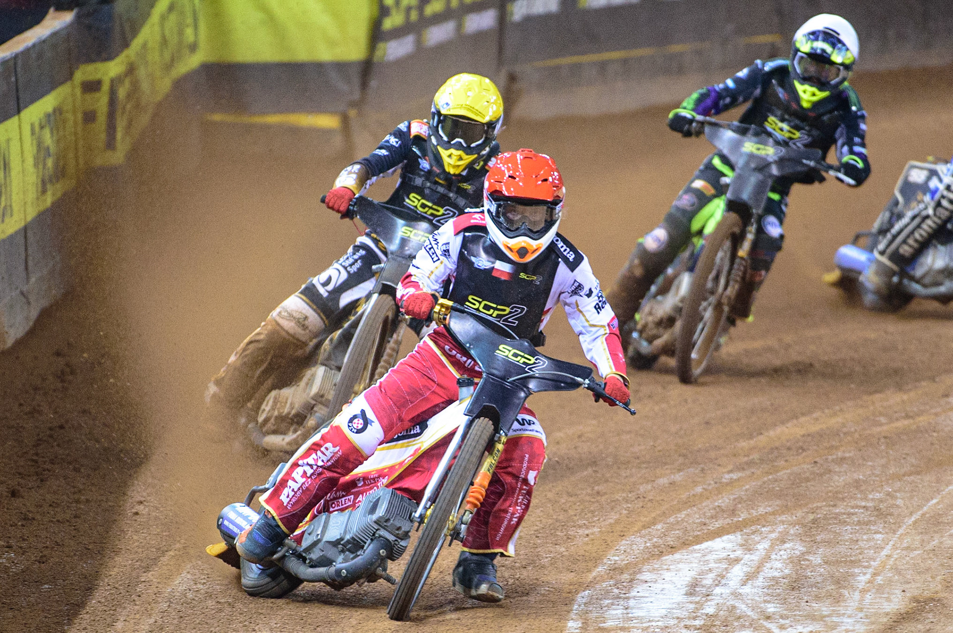 Mateusz Cierniak (Poland)  (Red) leads Norick Blodorn (Germany)  (Yellow) and Tom Brennan (Great Britain)  (White) during the FIM  Speedway Grand Prix  2 of Great Britain at the Principality Stadium, Cardiff on Sunday 14th August 2022. (Credit: Ian Charles | MI News)