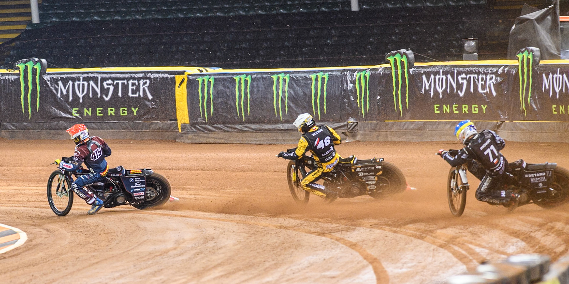 Dominik Kubera (415) of Poland in Red leading Szymon Woźniak (48) of Poland in White and Maciej Janowski (71) of Poland in Blue during the FIM Speedway Grand Prix of Great Britain at The Principality Stadium, Cardiff on Saturday 17th August 2024. (Photo: Ian Charles | MI News)