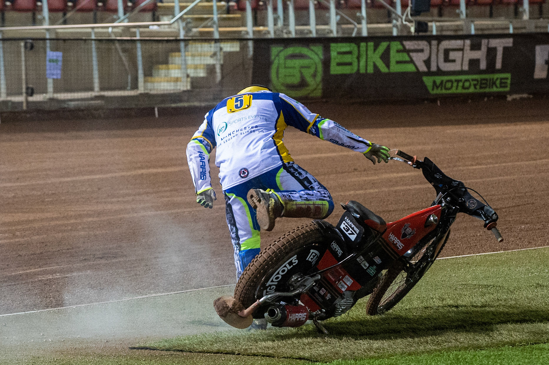 Photo: Ian CharlesJordan Palin of Belle Vue 'BikeRight' Aces (Blue) leads Chris Harris of the 'ATPI' All StarsBelle Vue ‘Bikerite ’Aces v ‘ATPI’ All Stars, Premiership Challenge, National Speedway Stadium, Manchester Thursday  24  September  2020