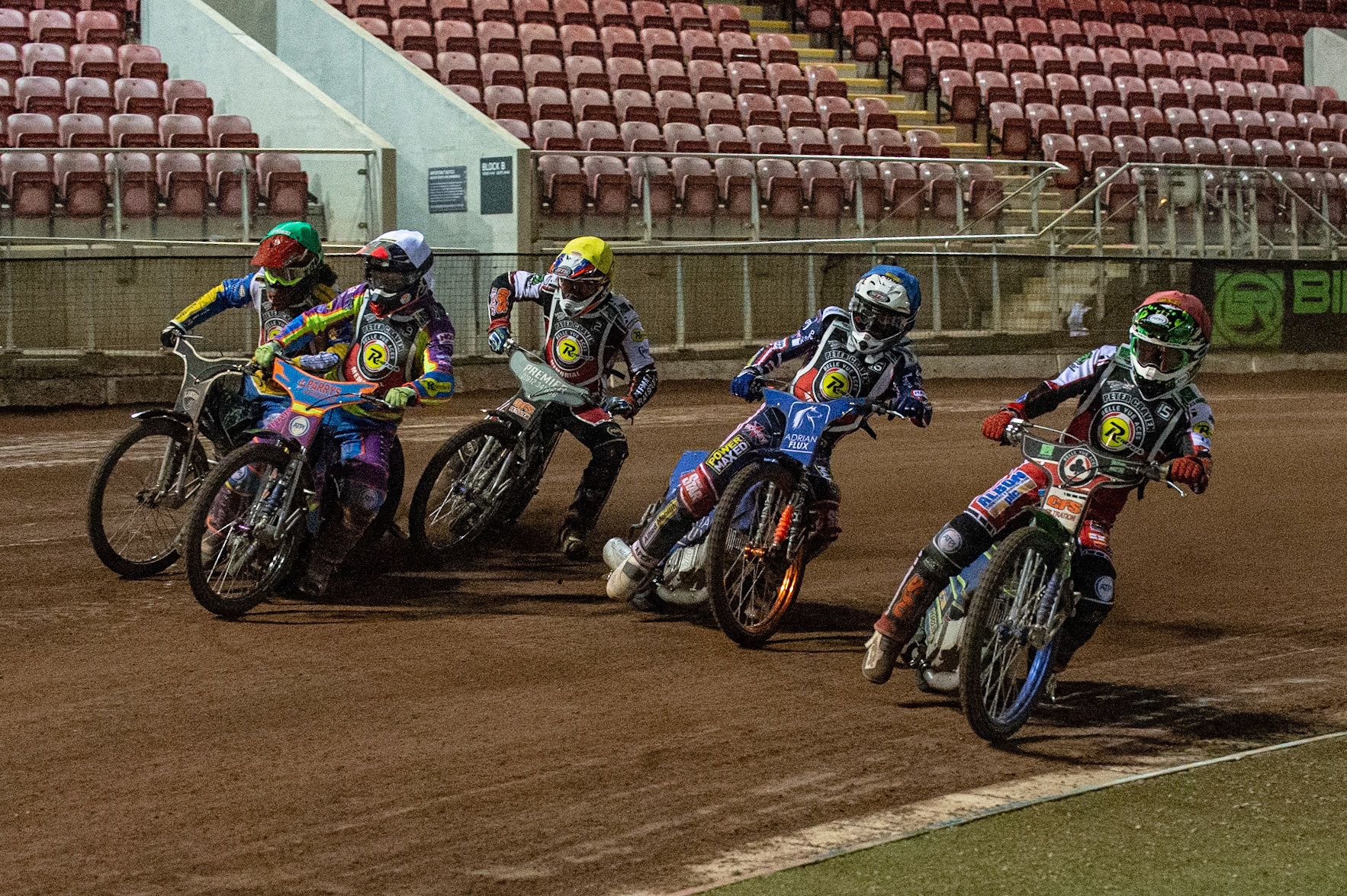Photo: Ian CharlesDan Bewley (Red) leads the Last Chance Qualifier inside Lewis Kerr (Blue), Rory Schlein (White) \pc 2\ (Yellow) and Richard Lawson )Green) Peter Craven Memorial Trophy, National Speedway Stadium, Manchester Thursday  22  October  2020