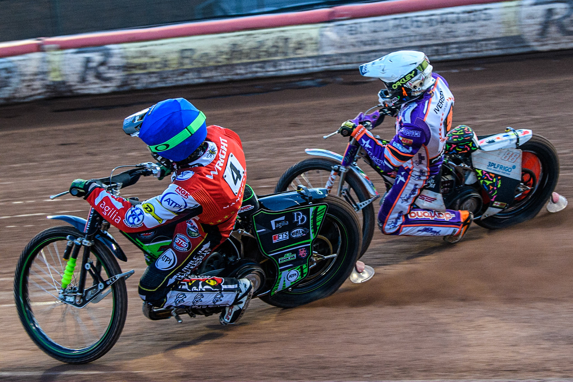 Charles Wright  (Blue) inside Niels-Kristian Iversen  (White) during the SGB Premiership match between Belle Vue Aces and Peterborough at the National Speedway Stadium, Manchester on Monday 24th April 2023. (Photo: Ian Charles | MI News)