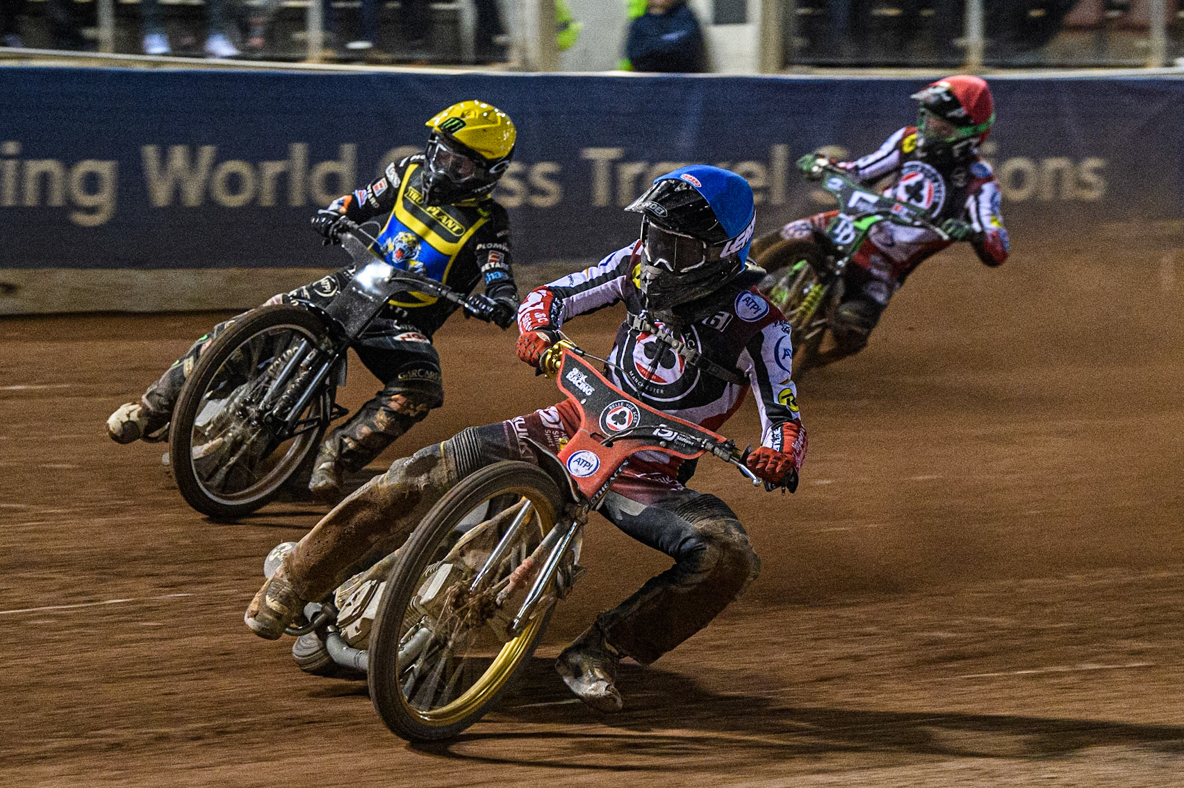 Norick Blodorn (Blue) leads Tai Woffinden (Yellow) with Charles Wright (Red) behind during the Sports Insure Premiership match between Belle Vue Aces and Sheffield Tigers at the National Speedway Stadium, Manchester on Monday 7th August 2023. (Photo: Ian Charles | MI News)