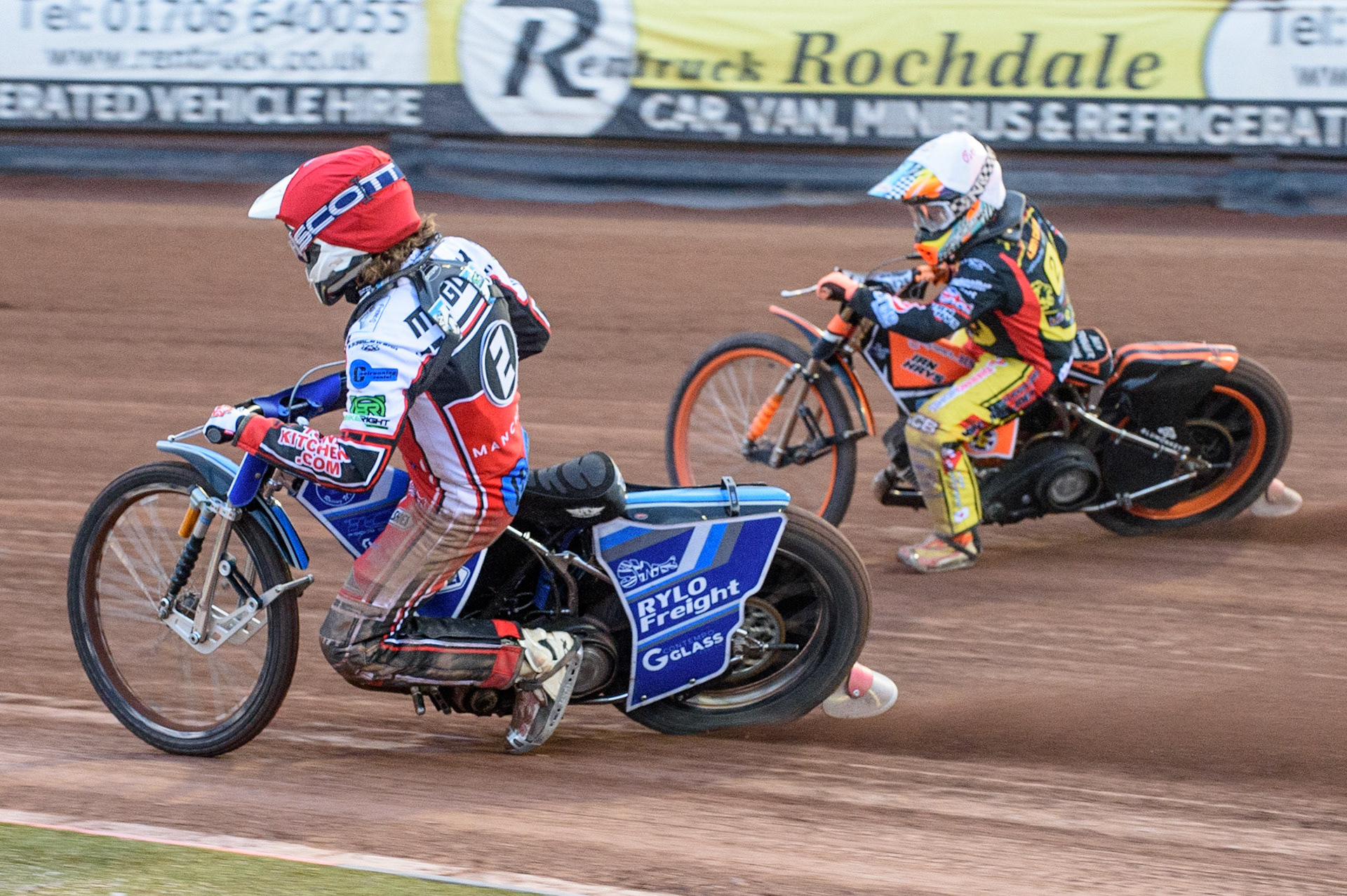 MANCHESTER, UK. JULY 29TH  Harry McGurk  (Red) passes Ben Trigger  (White)  during the National Development League match between Belle Vue Colts and Leicester Lion Cubs at the National Speedway Stadium, Manchester on Thursday 29th July 2021. (Credit: Ian Charles | MI News)