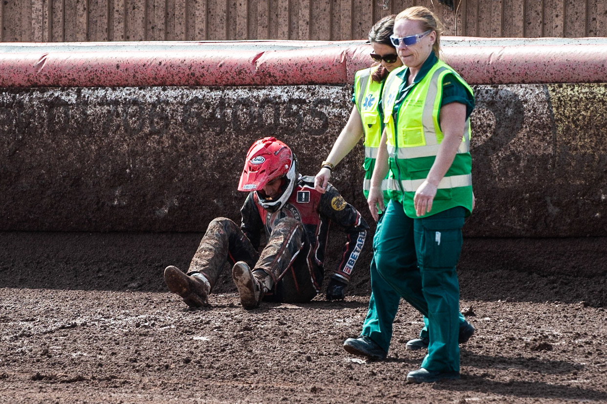 Photo by Ian Charles:

Max Fricke  after his crash 

Belle Vue Aces v Wolverhampton Wolves, National Speedway Stadium, Manchester, Monday, 22, April, 2019