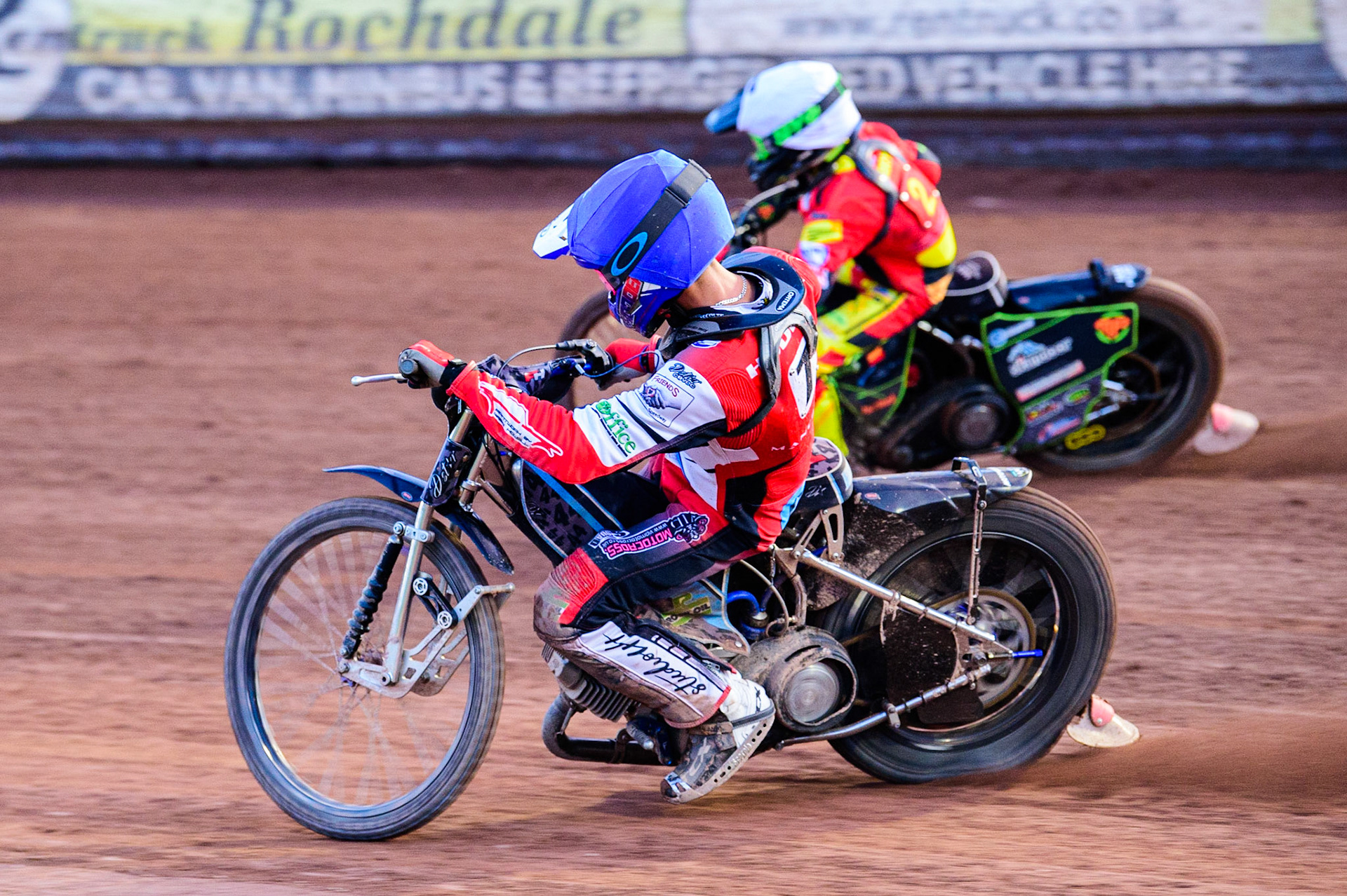 Freddy Hodder (Blue) inside Max Perry   (White) during the National Development League match between Belle Vue Aces and Leicester Lions at the National Speedway Stadium, Manchester on Friday 19th August 2022. (Credit: Ian Charles | MI News)