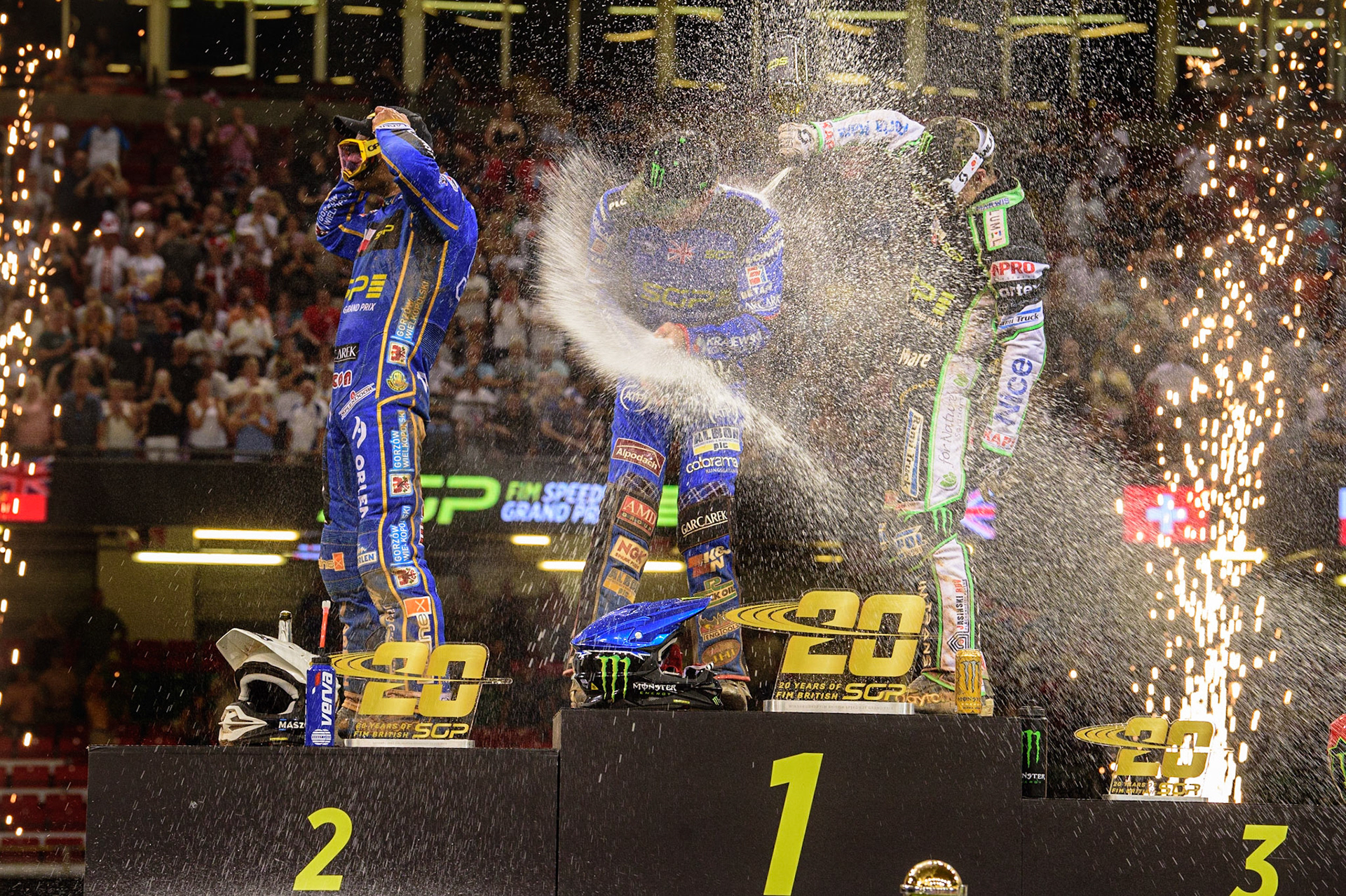 Champagne Capers on the Rostrum during the FIM  Speedway Grand Prix of Great Britain at the Principality Stadium, Cardiff on Saturday 13th August 2022. (Credit: Ian Charles | MI News