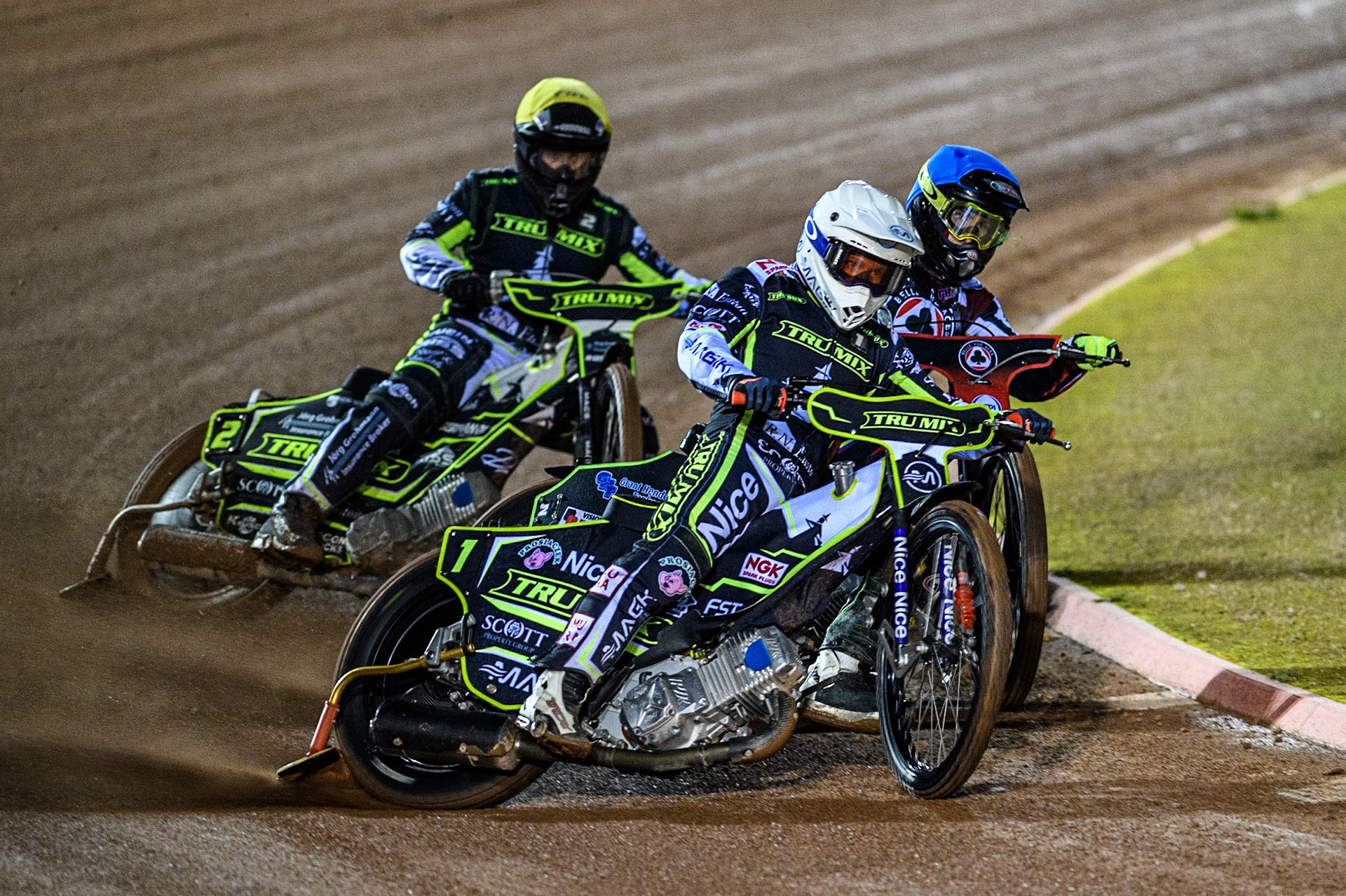 Emil Sayfutdinov  (White) leads  Tom Brennan (Blue) and Erik Riss (Yellow) during the Sports Insure Premiership Semi Final Playoff 2nd leg match between Belle Vue Aces and Ipswich Witches at the National Speedway Stadium, Manchester on Monday 25th September 2023. (Photo: Ian Charles | MI News)