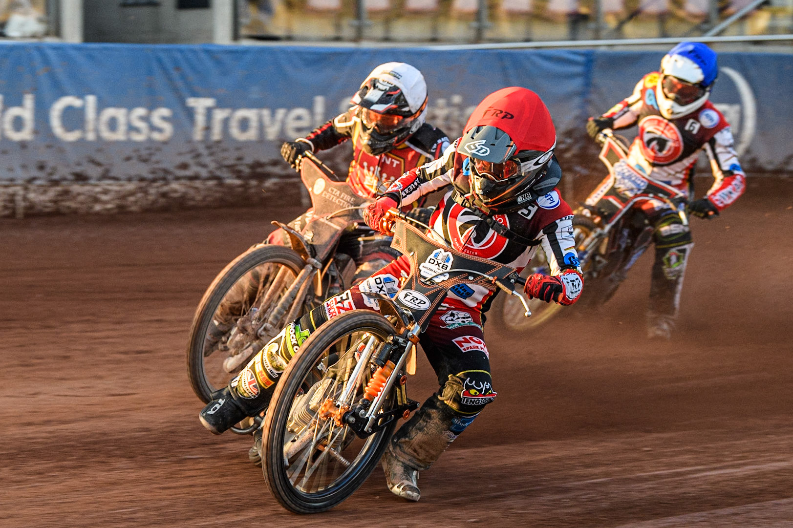 Jack Smith (Red) leads Ben Morley (White) with Paul Bowen (Blue) behind during the National Development League match between Belle Vue Colts and Kent Royals at the National Speedway Stadium, Manchester on Friday 7th July 2023. (Photo: Ian Charles | MI News)