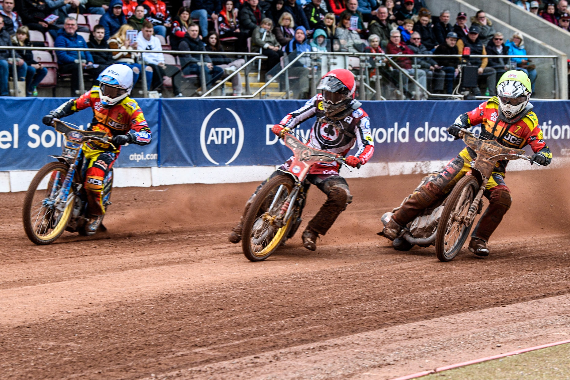 (l - r) Justin Sedgmen  (White), Norick Blodorn  (Red), Dan Thompson  (Yellow) during the SGB Premiership match between Belle Vue Aces and Leicester Lions at the National Speedway Stadium, Manchester on Monday 1st May 2023. (Photo: Ian Charles | MI News)