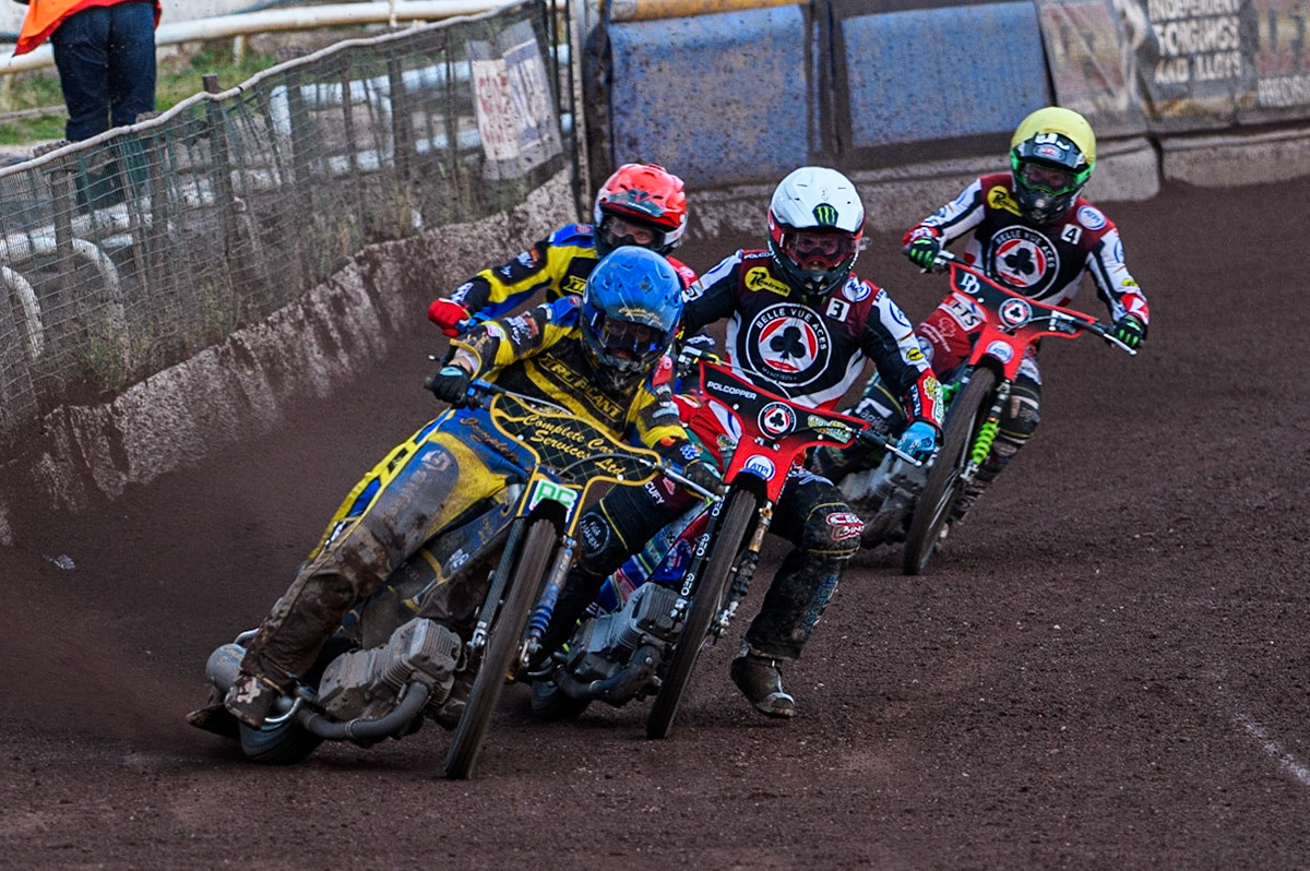 Kyle Howarth (Blue) leads Jaimon Lidsey (White), Tobiasz Musielak (Red) and Charles Wright (Yellow) during the Sports Insure Premiership match between Sheffield Tigers and Belle Vue Aces at Owlerton Stadium, Sheffield on Thursday 20th July 2023. (Photo: Ian Charles | MI News)