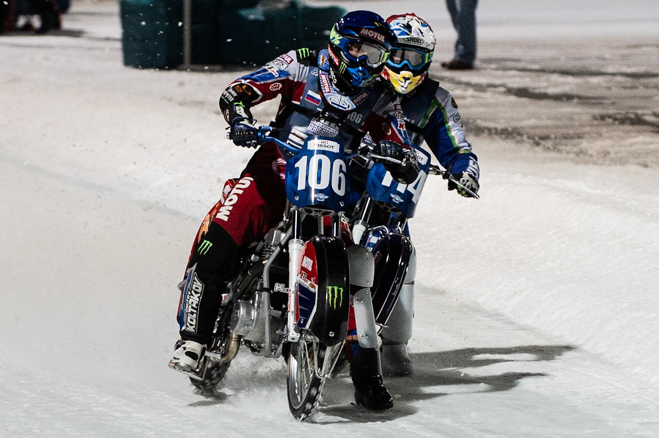Photo: Ian Charles

Dmitri Koltakov (106) tries to block Dinar Valeev (114)

FIM Ice Speedway Gladiators World Championship, Final 3.1, Horst-Dohm Eisstadion, Berlin, Germany Saturday  2  March  2019