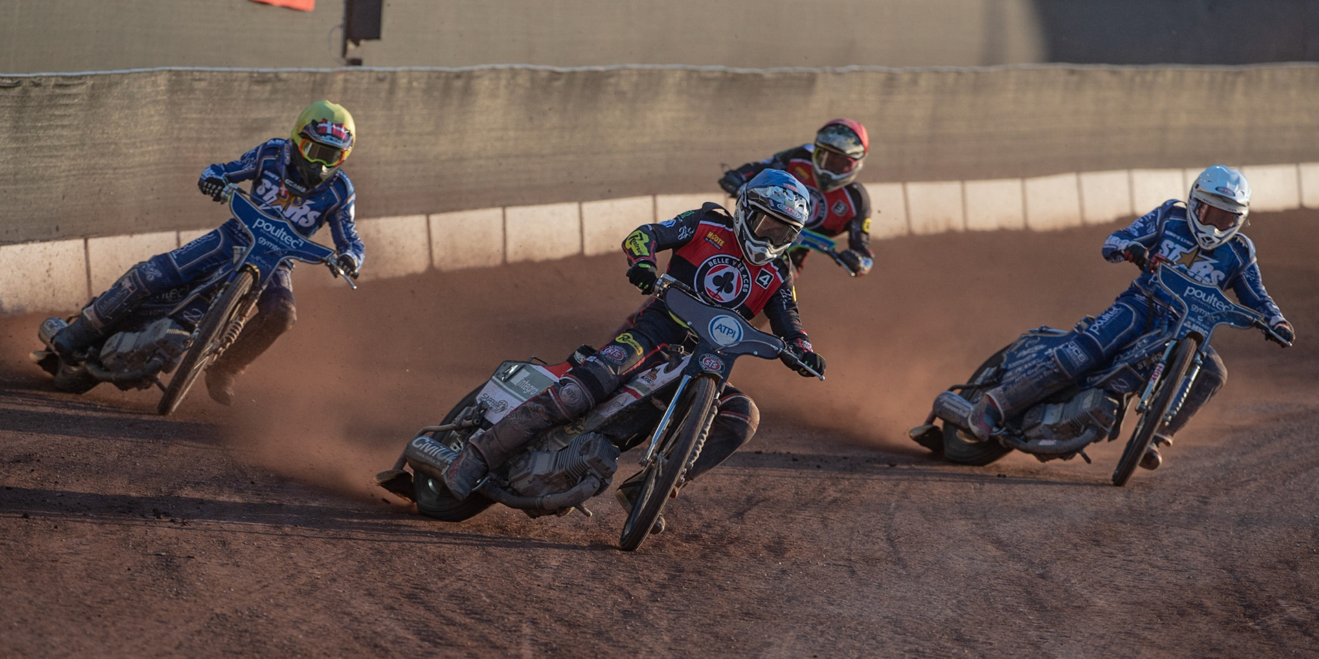 Photo: Ian Charles

​Steve Worrall​​  (Blue) leads Michael Palm Toft  (Yellow) ​Robert Lambert  (White) and Dan Bewley  (Red)

Belle Vue Aces v Kings Lynn Stars, British Speedway Premiership, Belle Vue National Speedway Stadium, Manchester, Thursday 16  May  2019